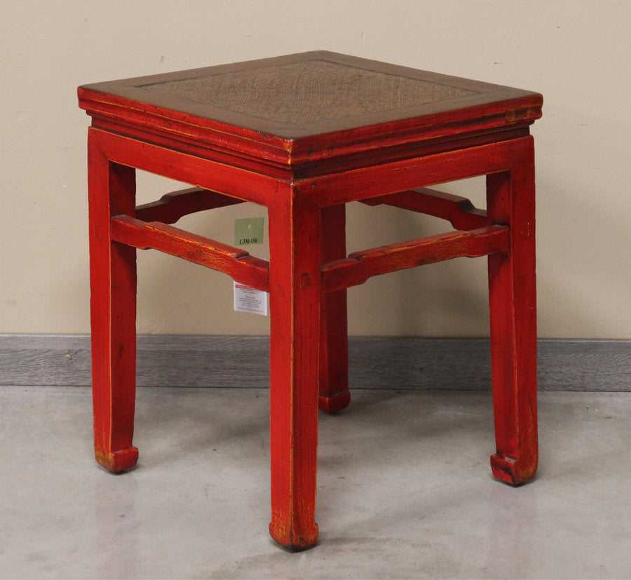 SGABELLO CINESE LACCA ROSSA PIANO RATTAN