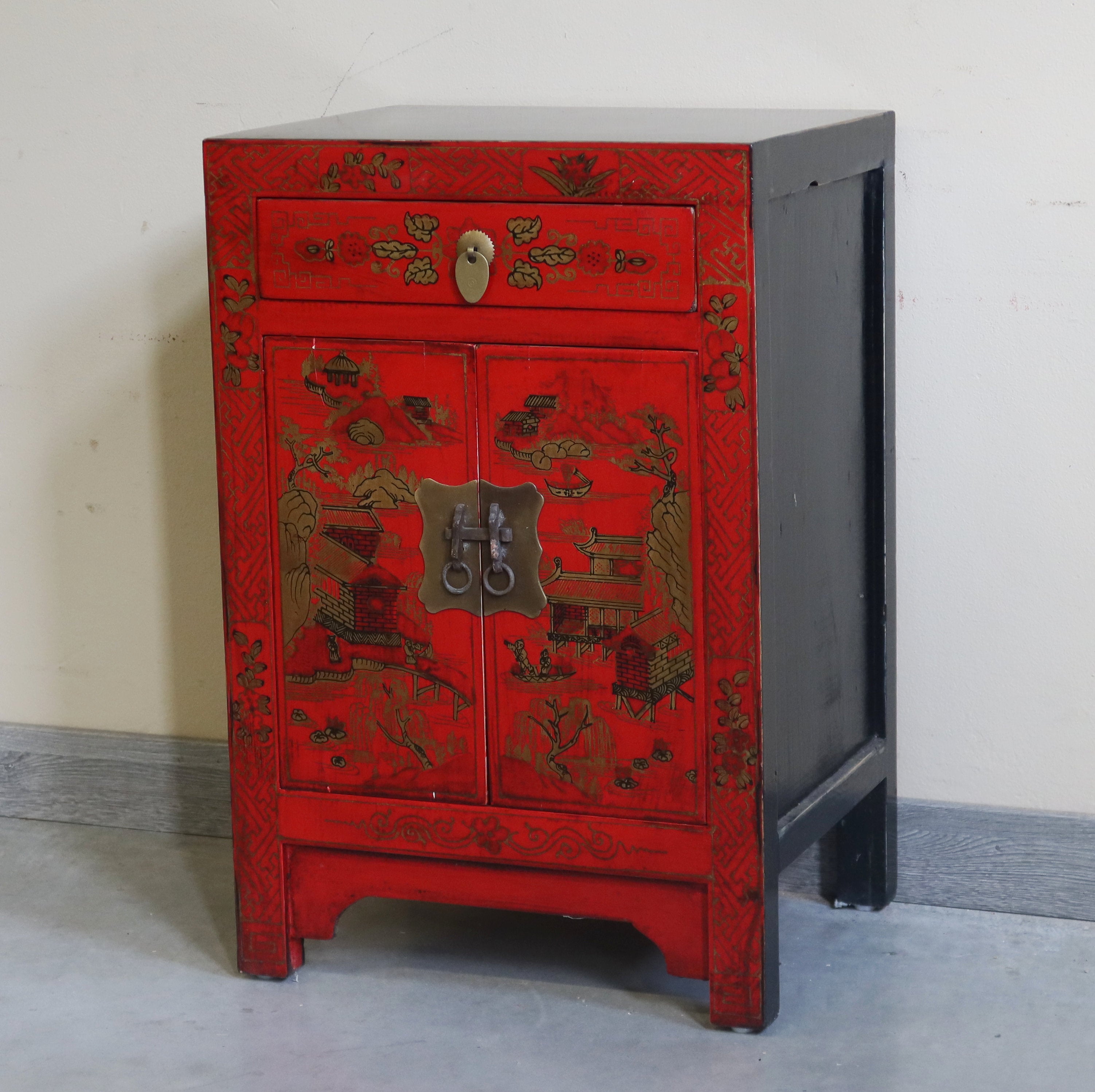 COMODINO CINESE ROSSO DECORATO