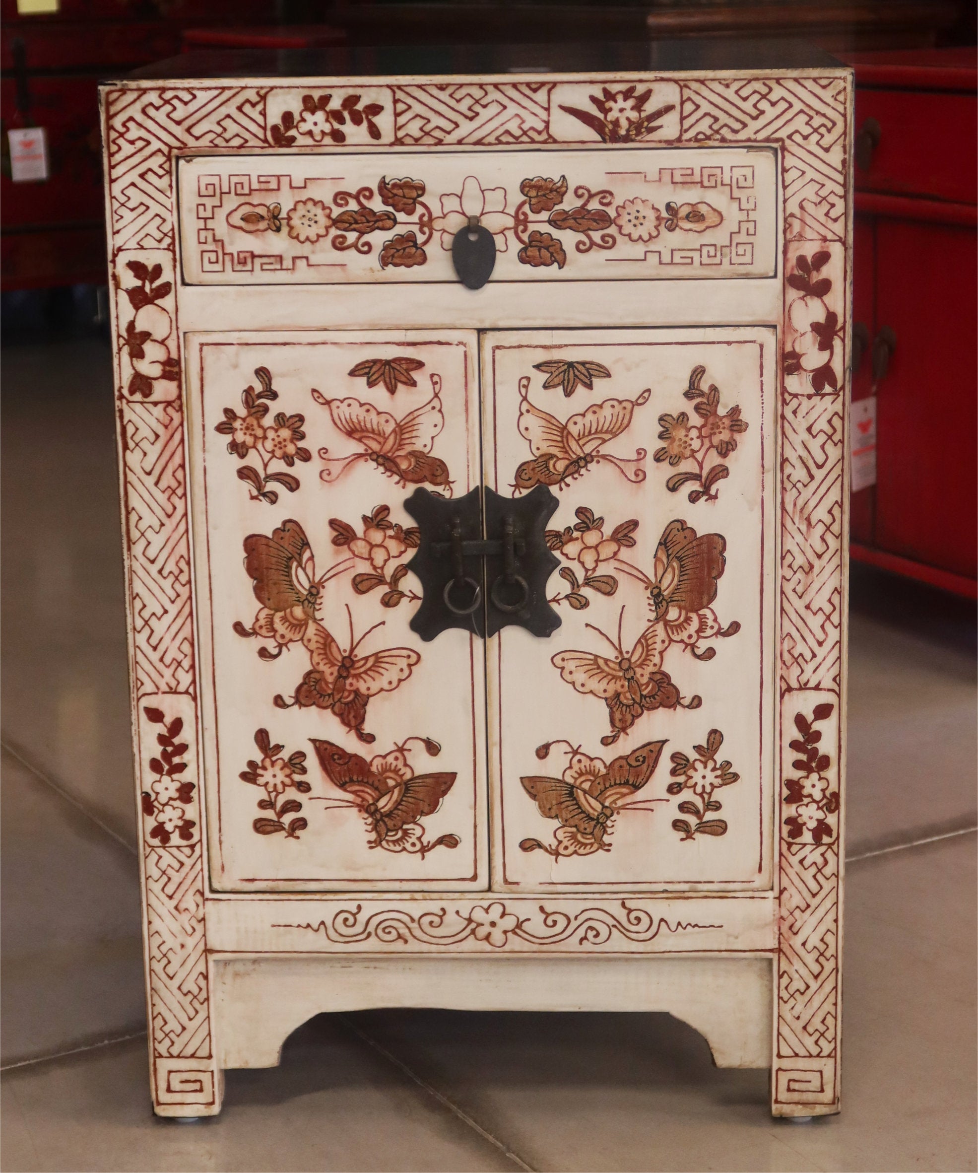 COMODINO SHANXI LACCA BIANCA DECORATA