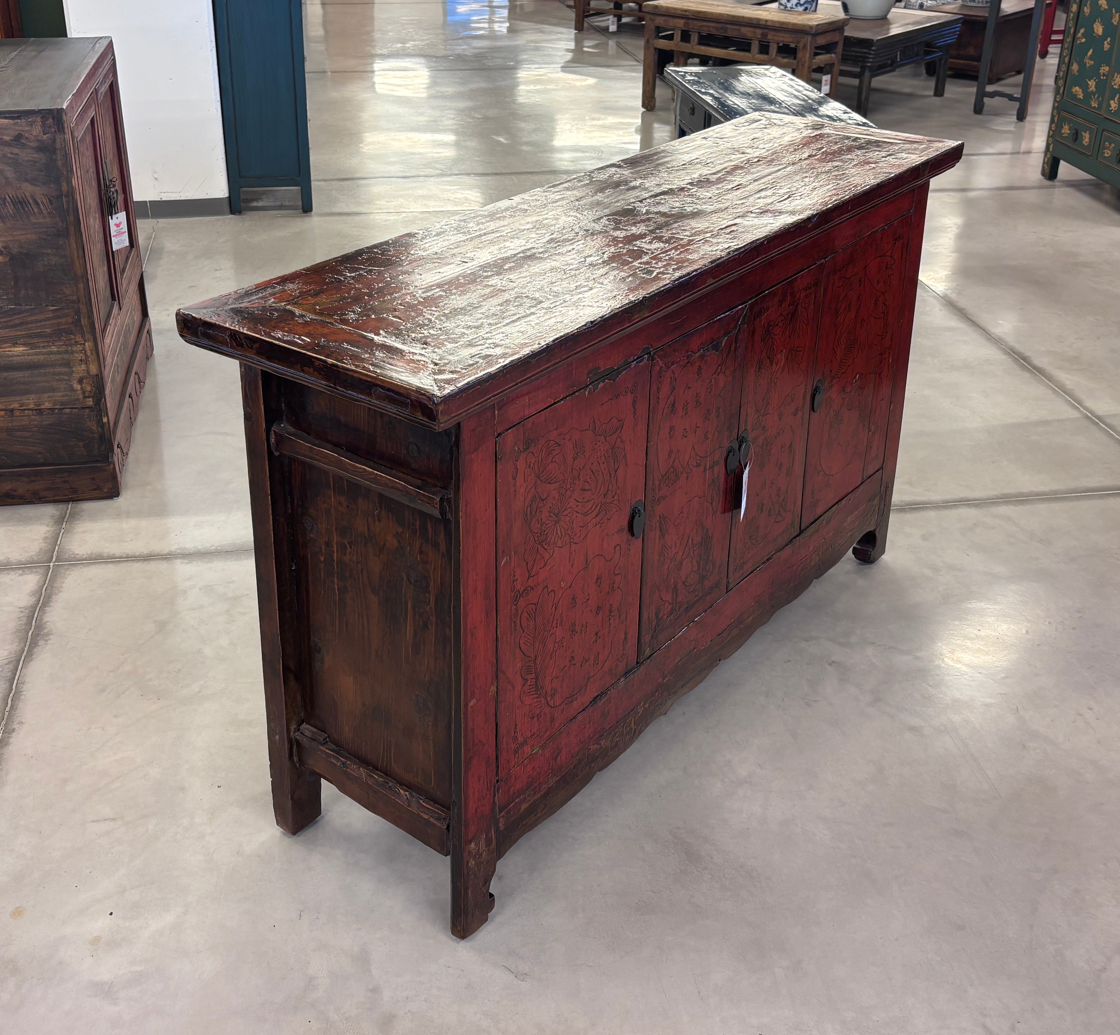 CREDENZA CINESE LACCA ROSSA DECORO LIEVE