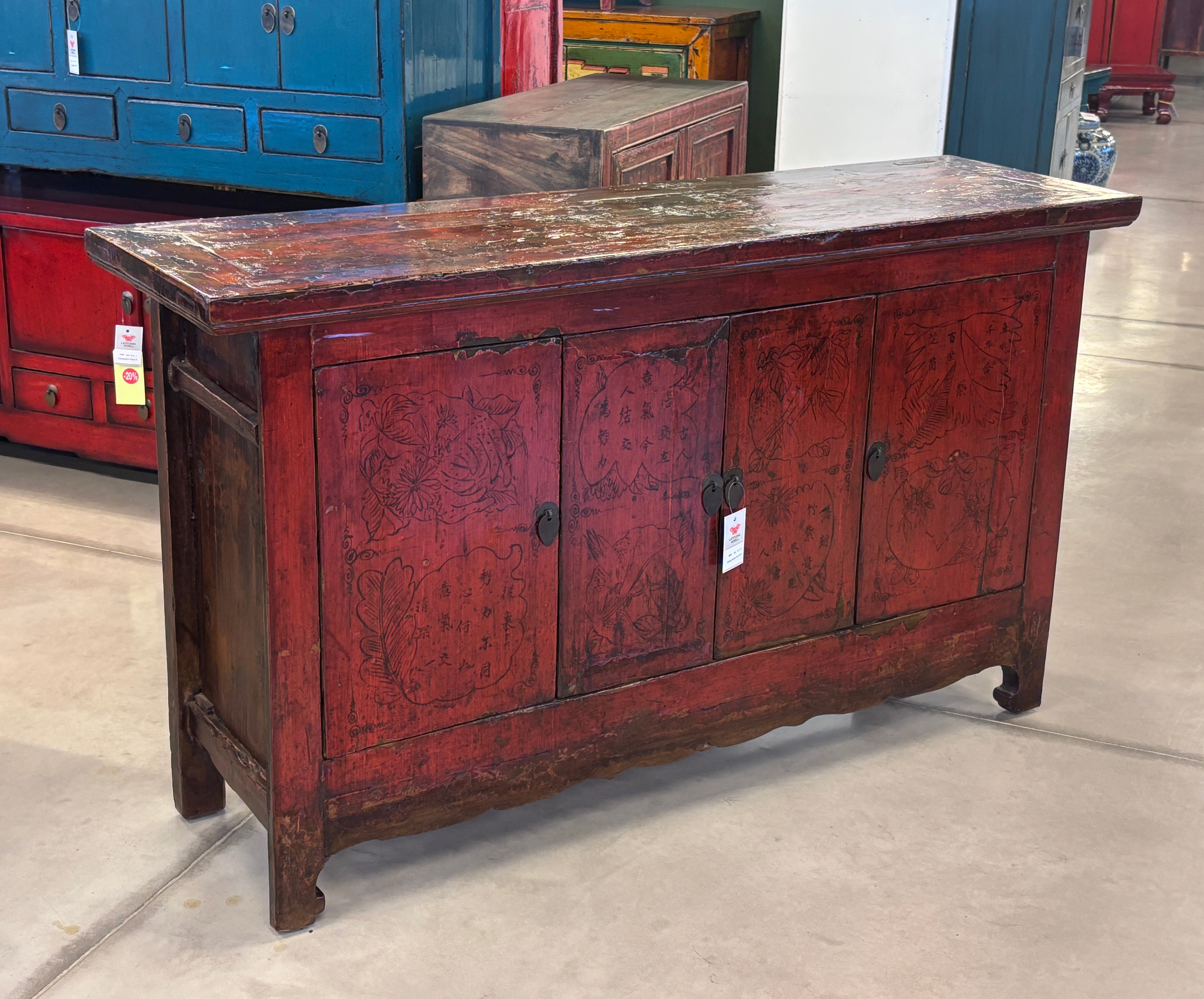 CREDENZA CINESE LACCA ROSSA DECORO LIEVE