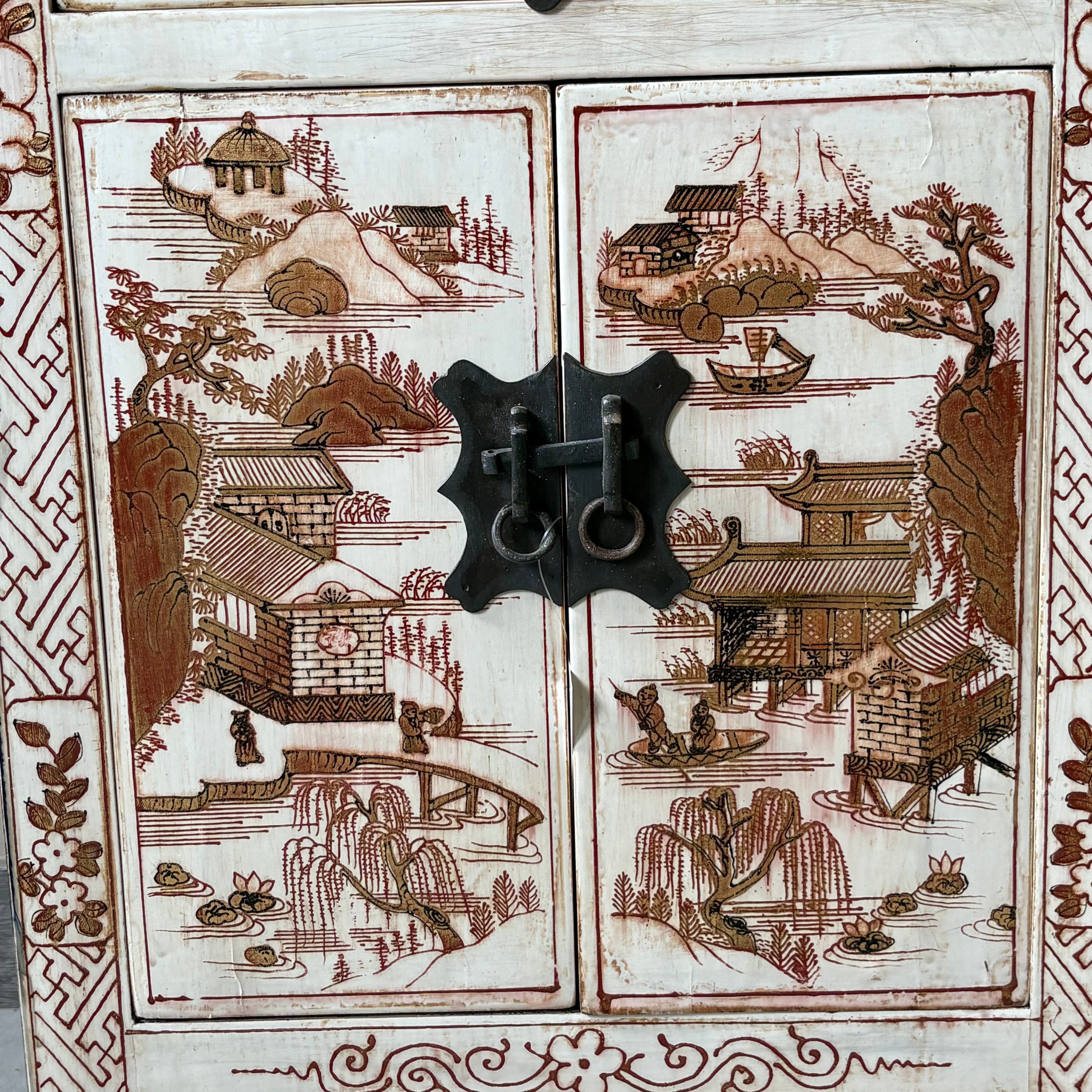 COMODINO SHANXI LACCA BIANCA DECORATA