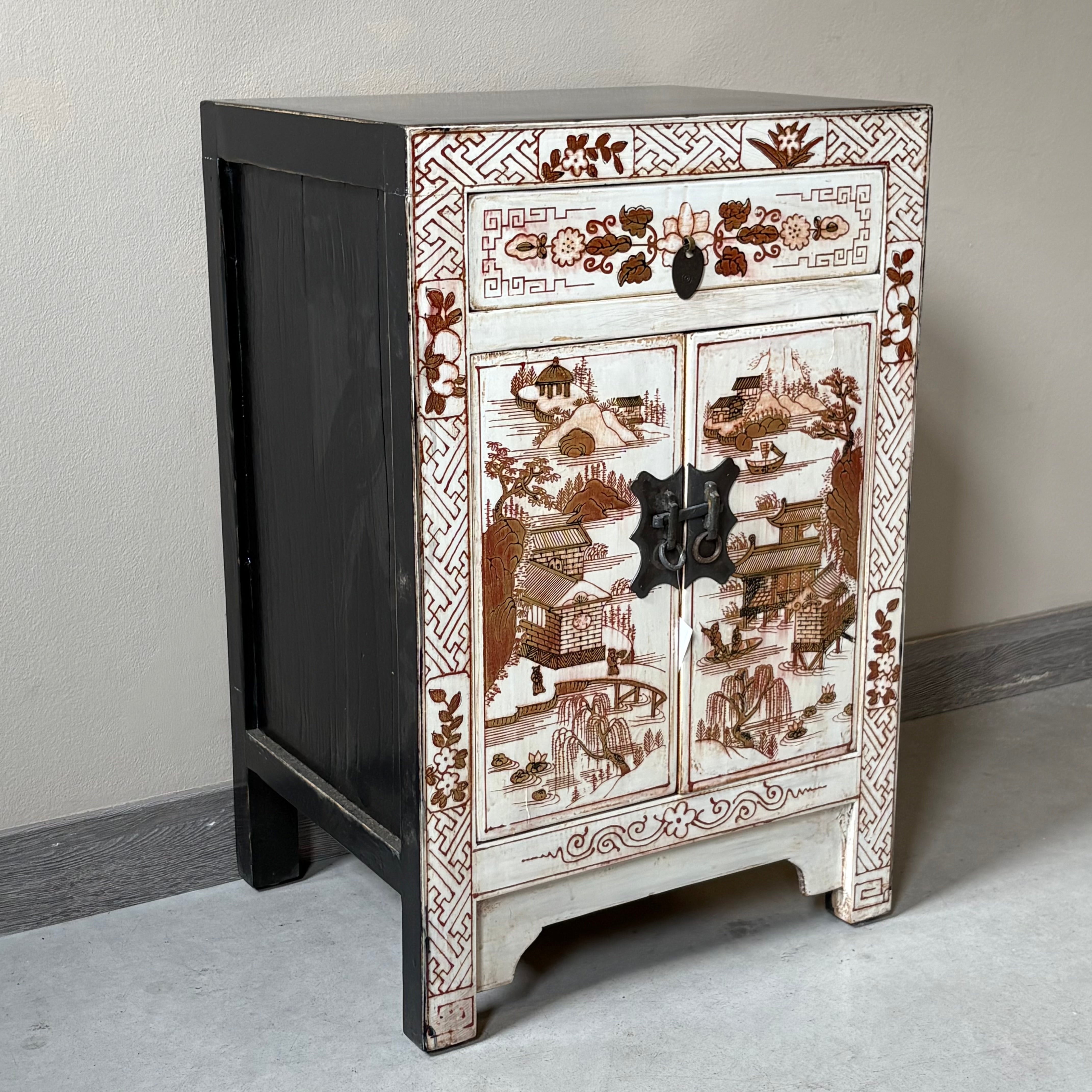 COMODINO SHANXI LACCA BIANCA DECORATA