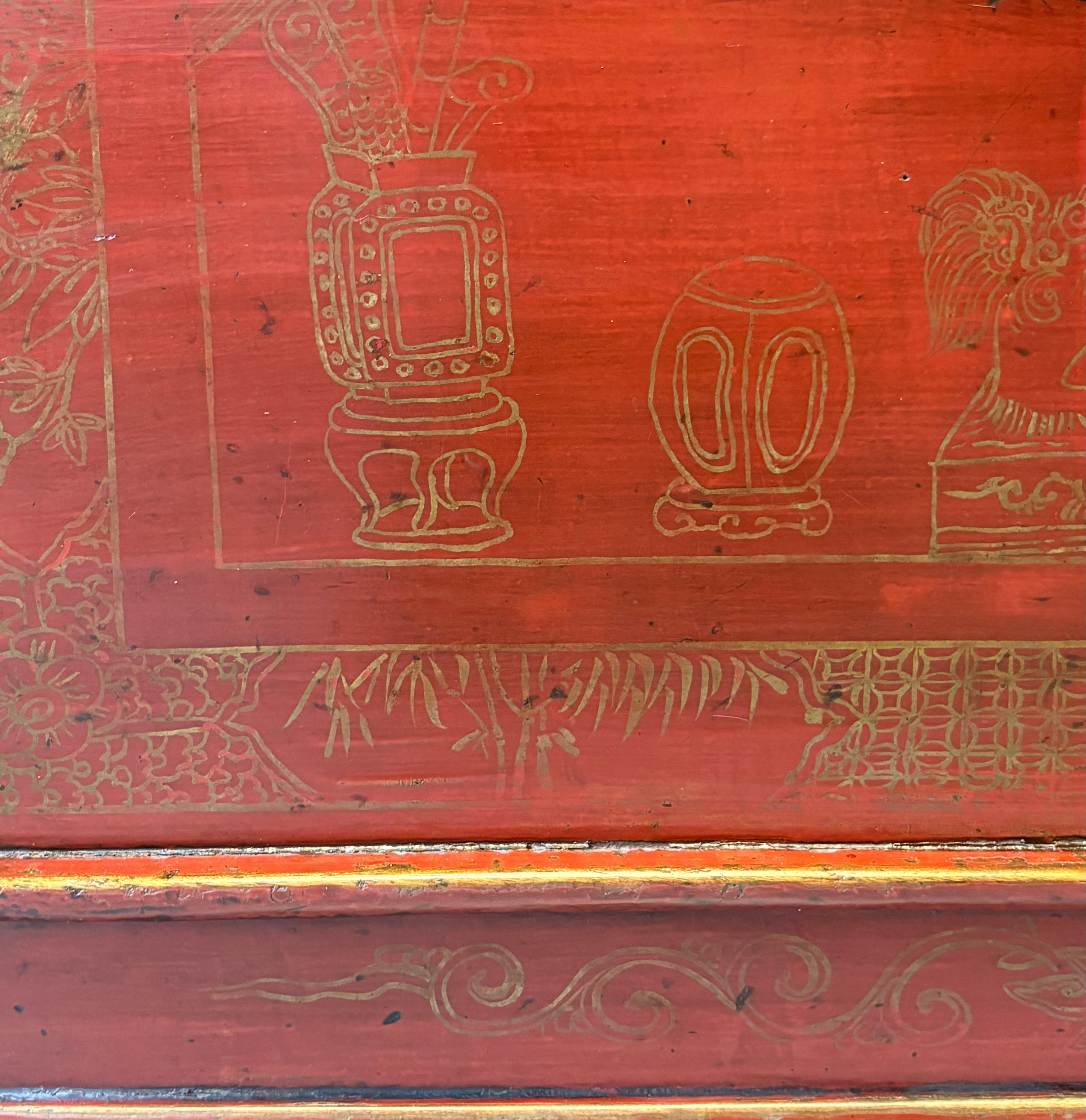 BAULE CINESE IN LACCA ROSSA CON DECORO A CHINA