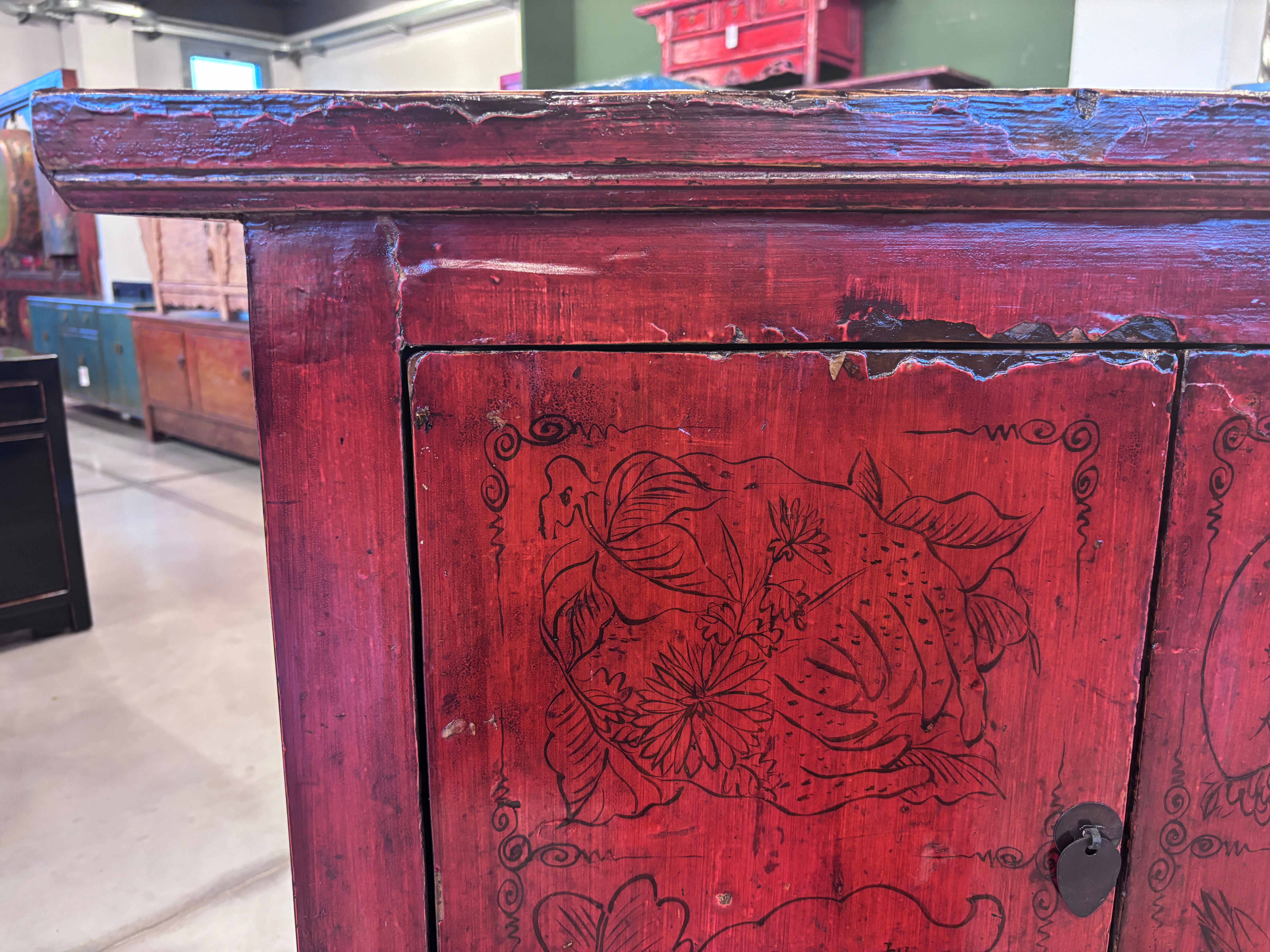 CREDENZA CINESE LACCA ROSSA DECORO LIEVE
