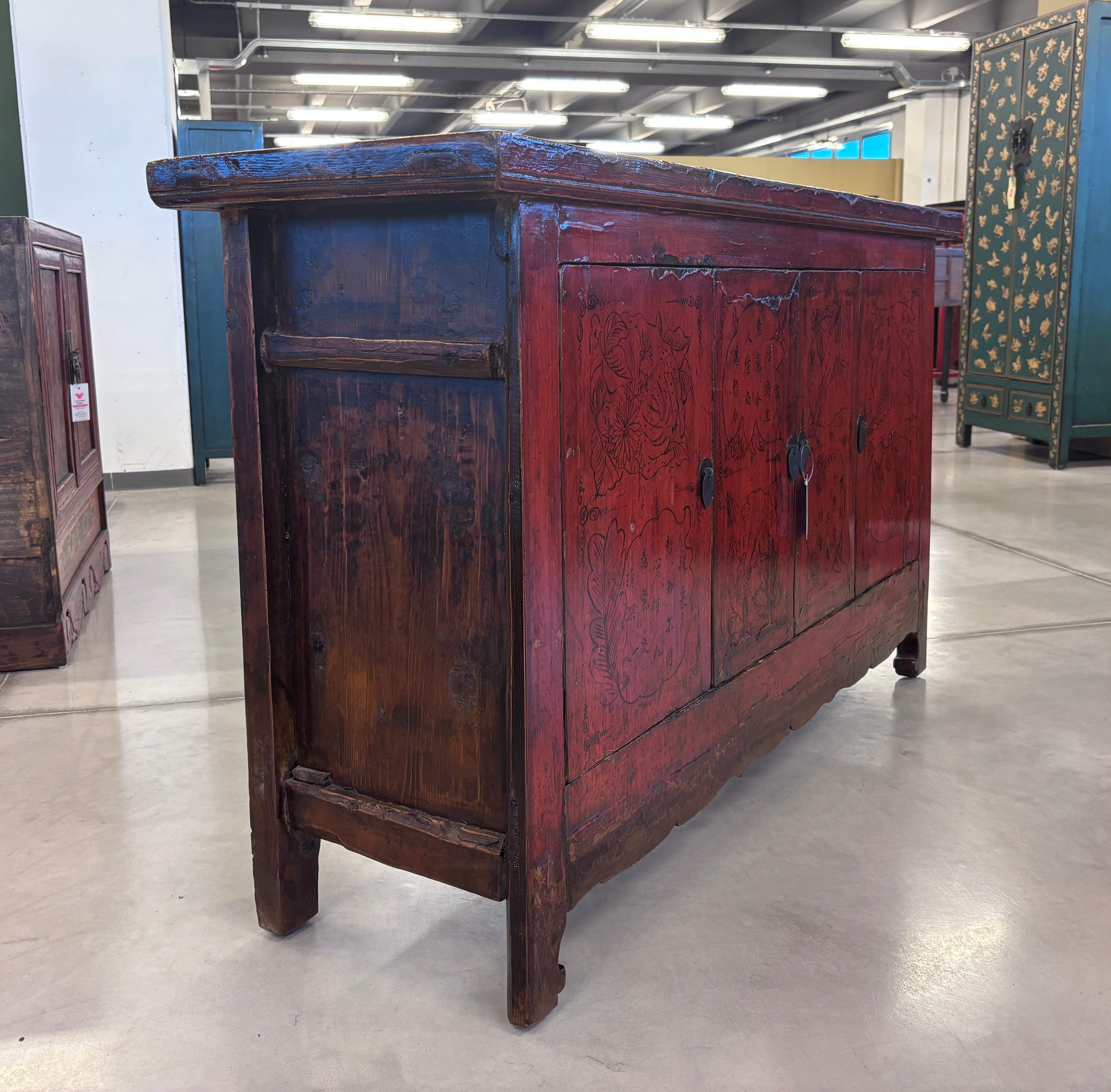 CREDENZA CINESE LACCA ROSSA DECORO LIEVE