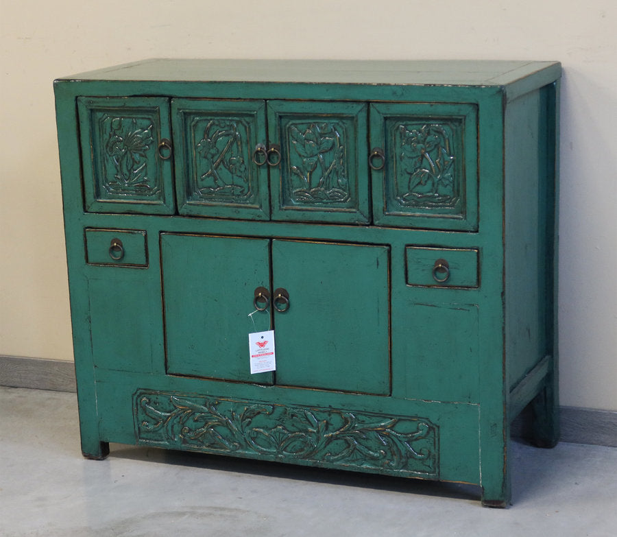 CREDENZINO CINESE LACCA VERDE CON INTAGLI