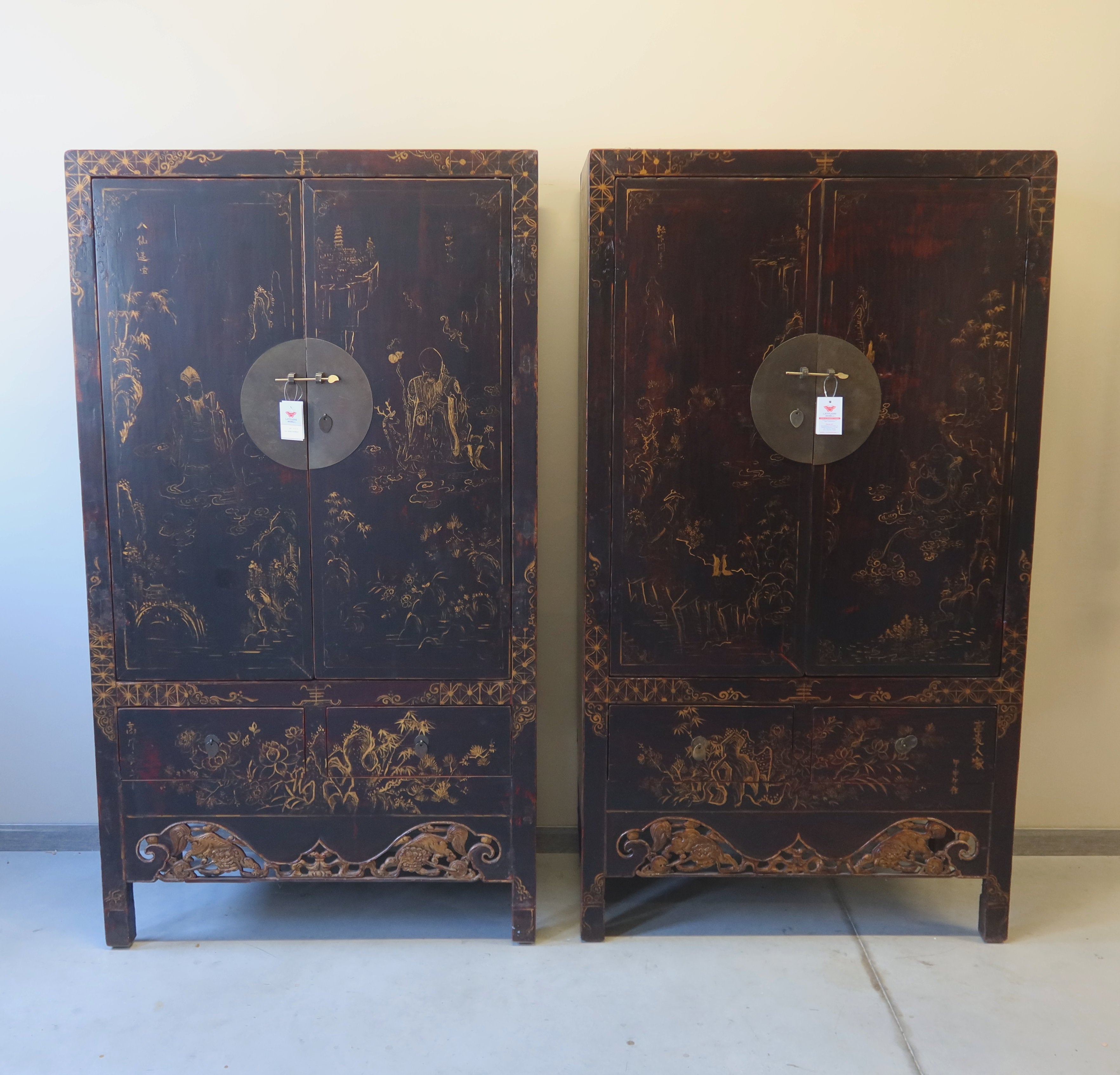 COPPIA ARMADI CINESI NERI DECORATI DELLO SHANXI