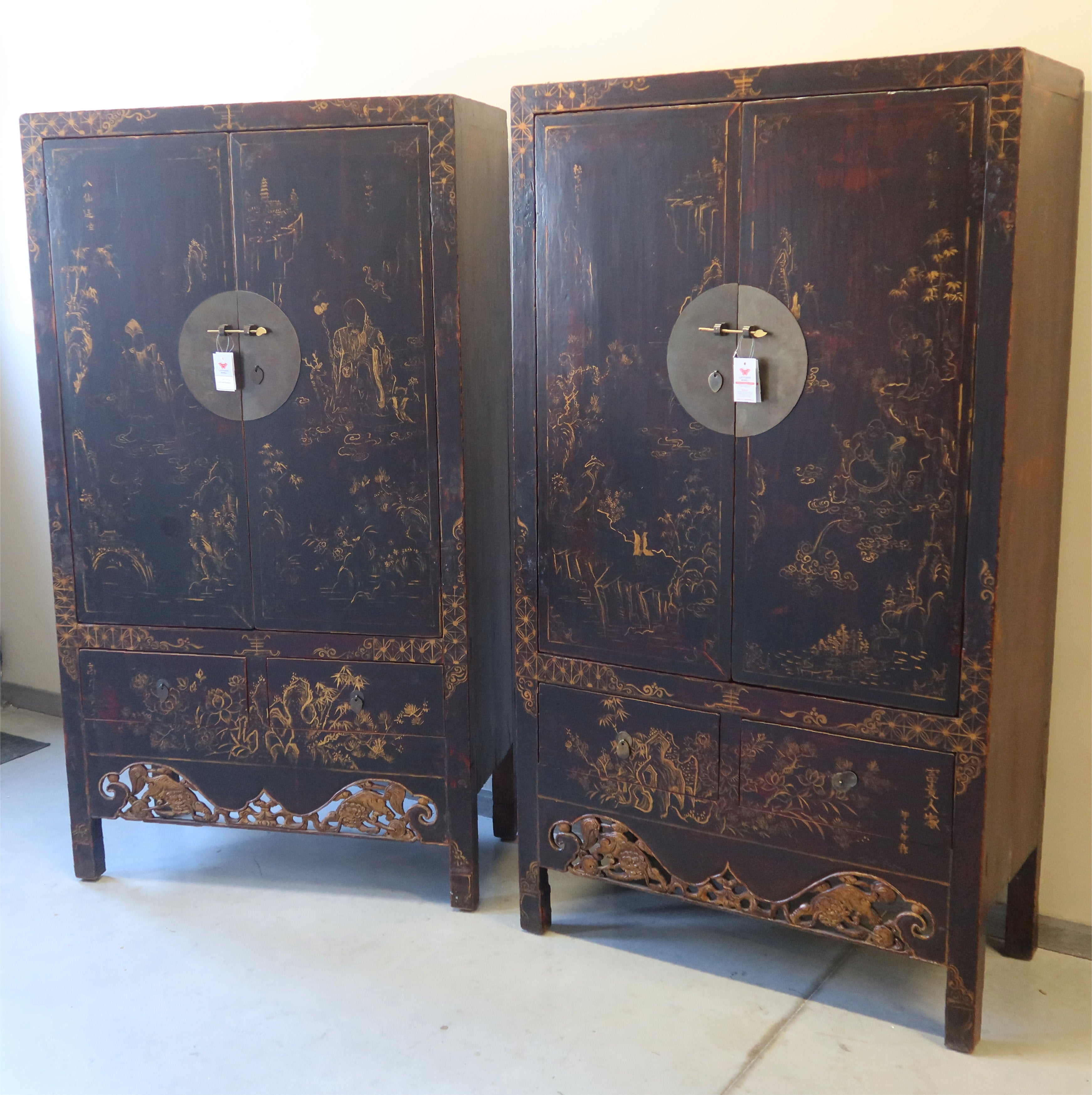 COPPIA ARMADI CINESI NERI DECORATI DELLO SHANXI