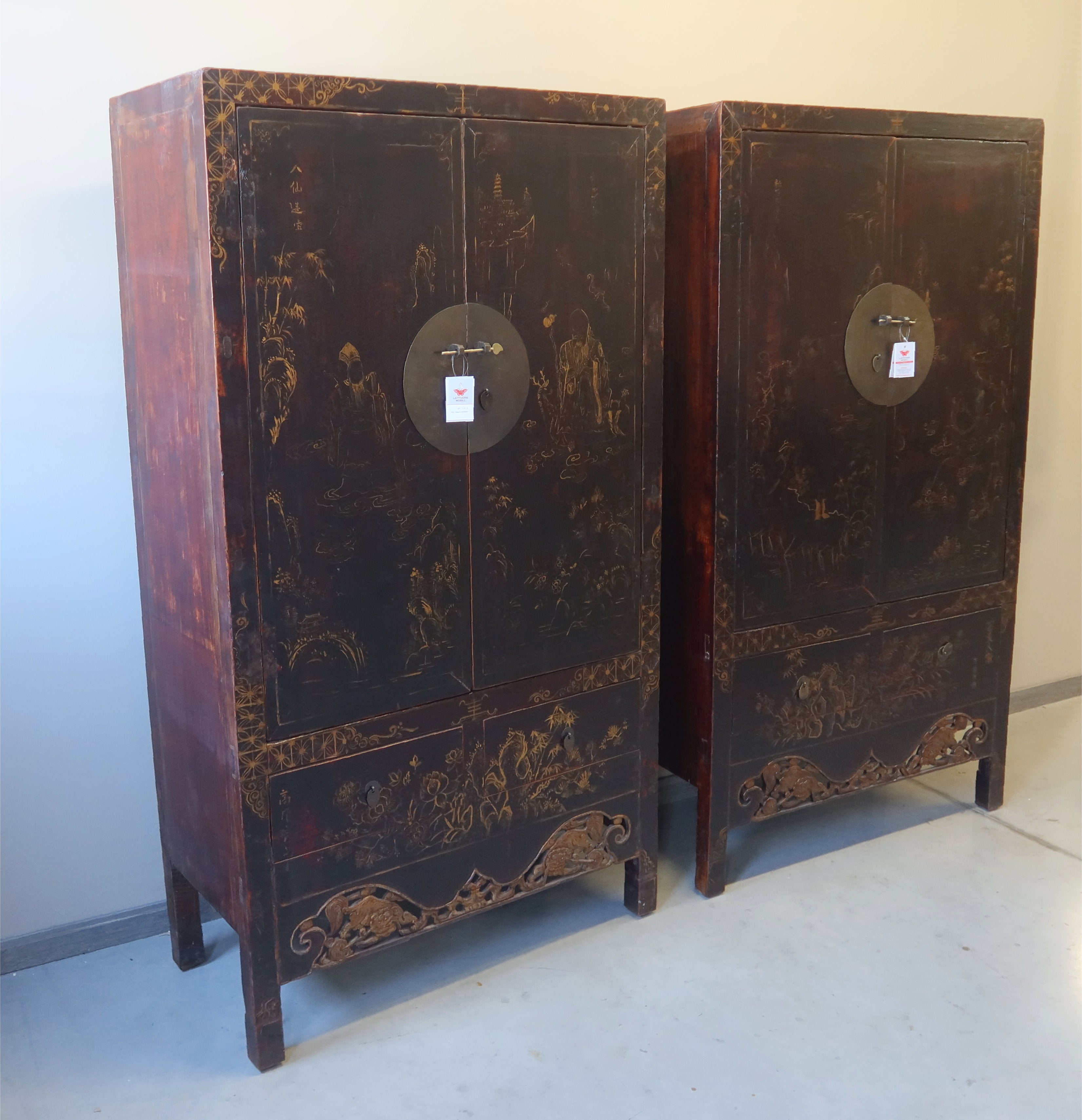 COPPIA ARMADI CINESI NERI DECORATI DELLO SHANXI
