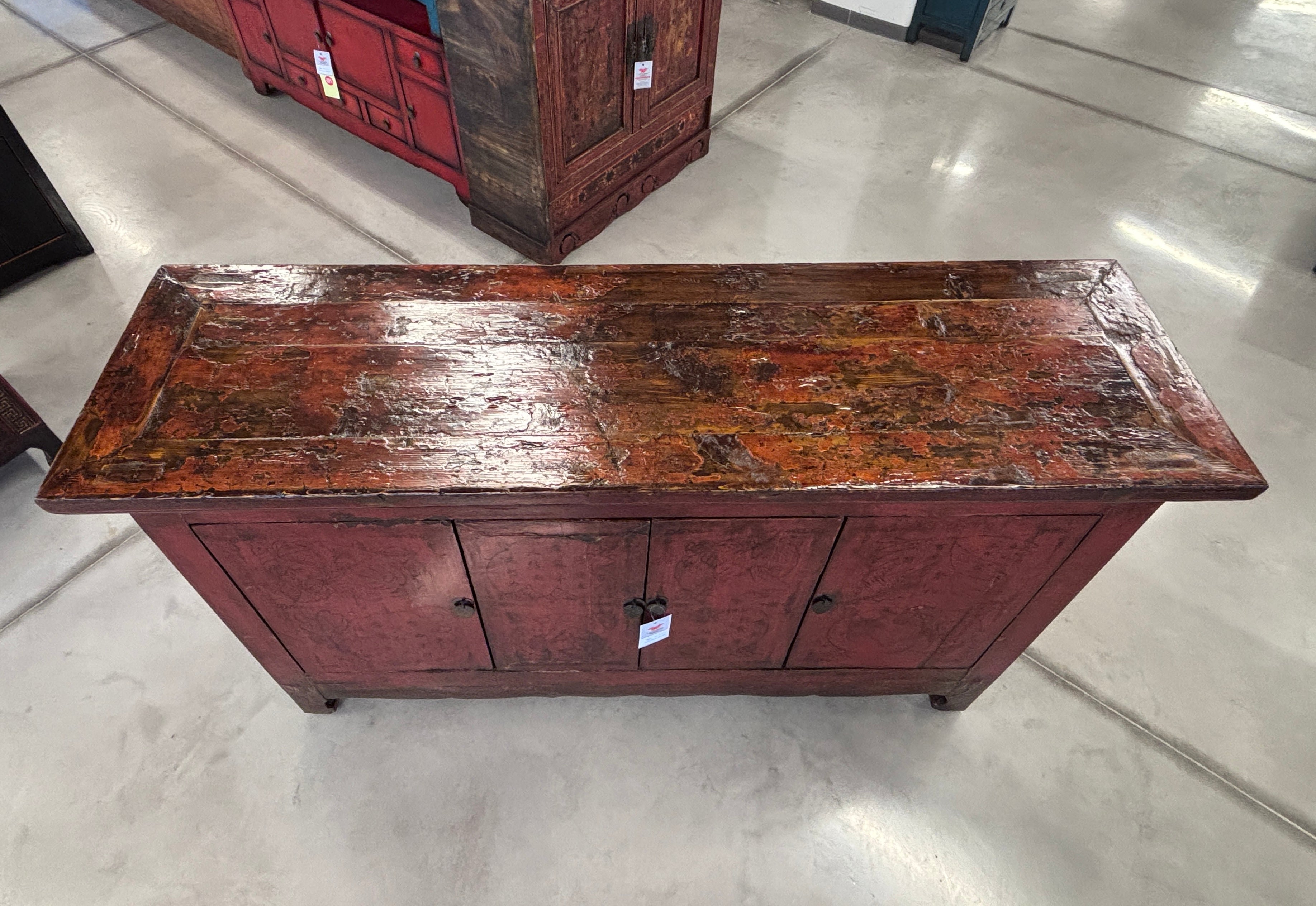 CREDENZA CINESE LACCA ROSSA DECORO LIEVE