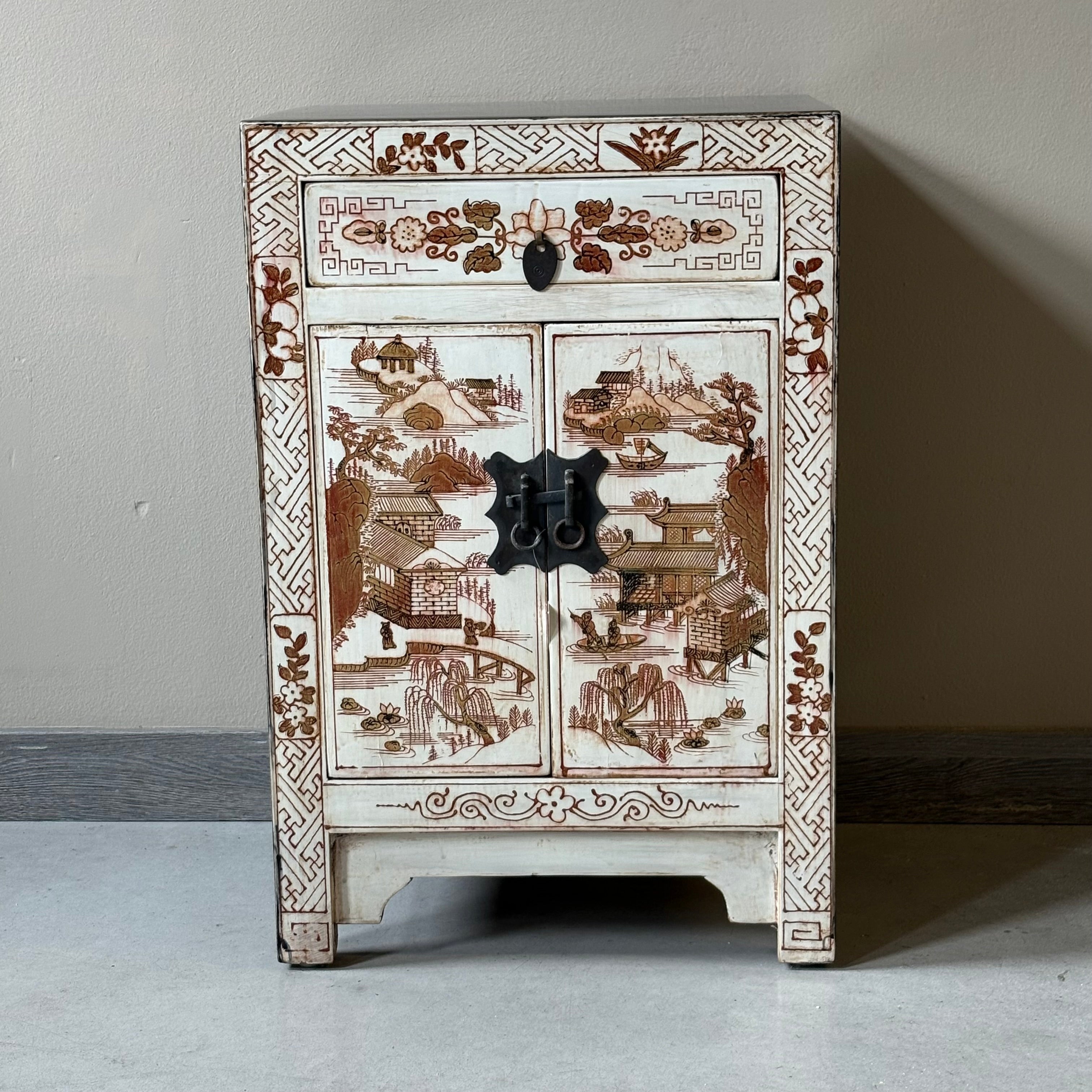 COMODINO SHANXI LACCA BIANCA DECORATA
