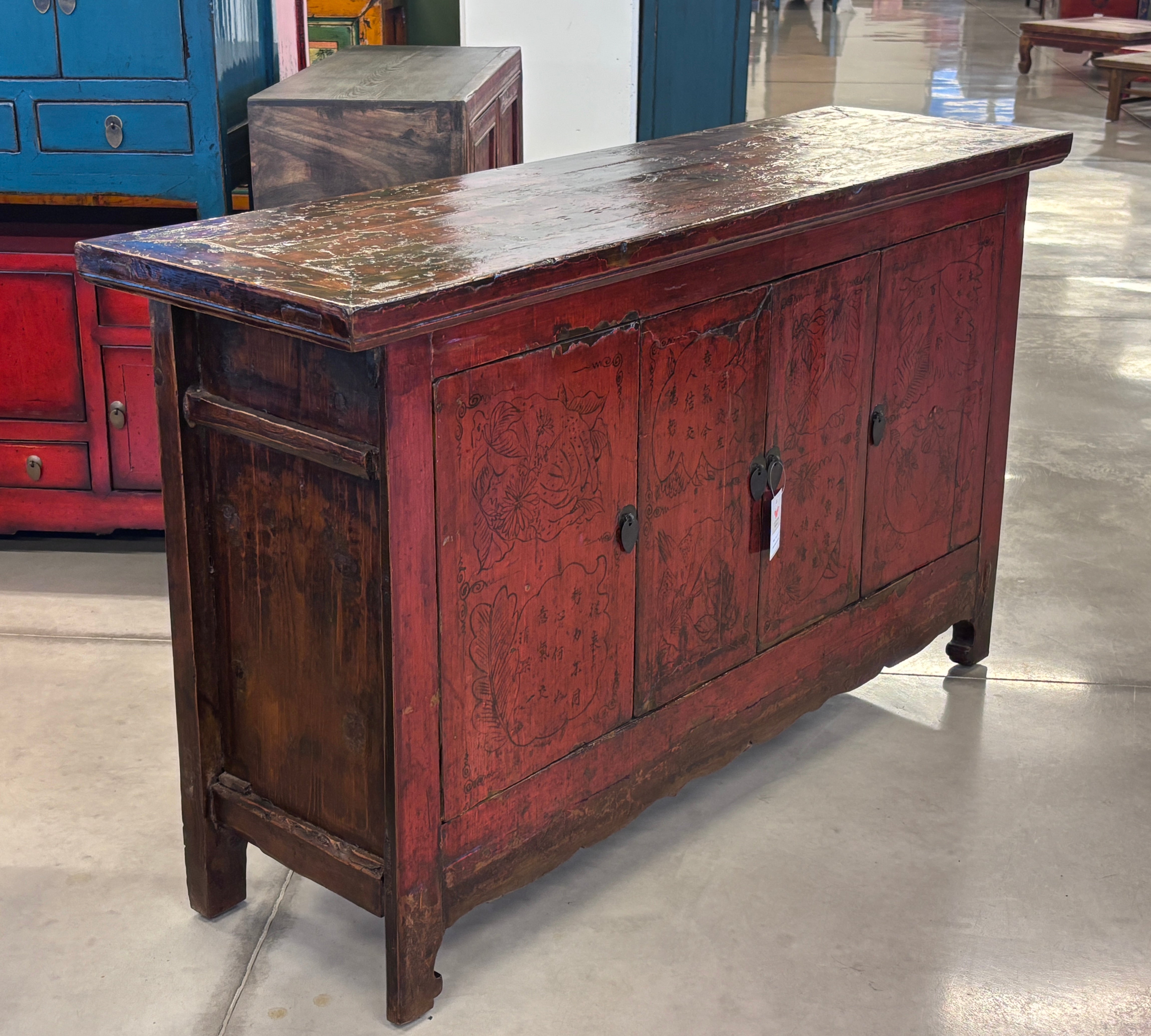 CREDENZA CINESE LACCA ROSSA DECORO LIEVE