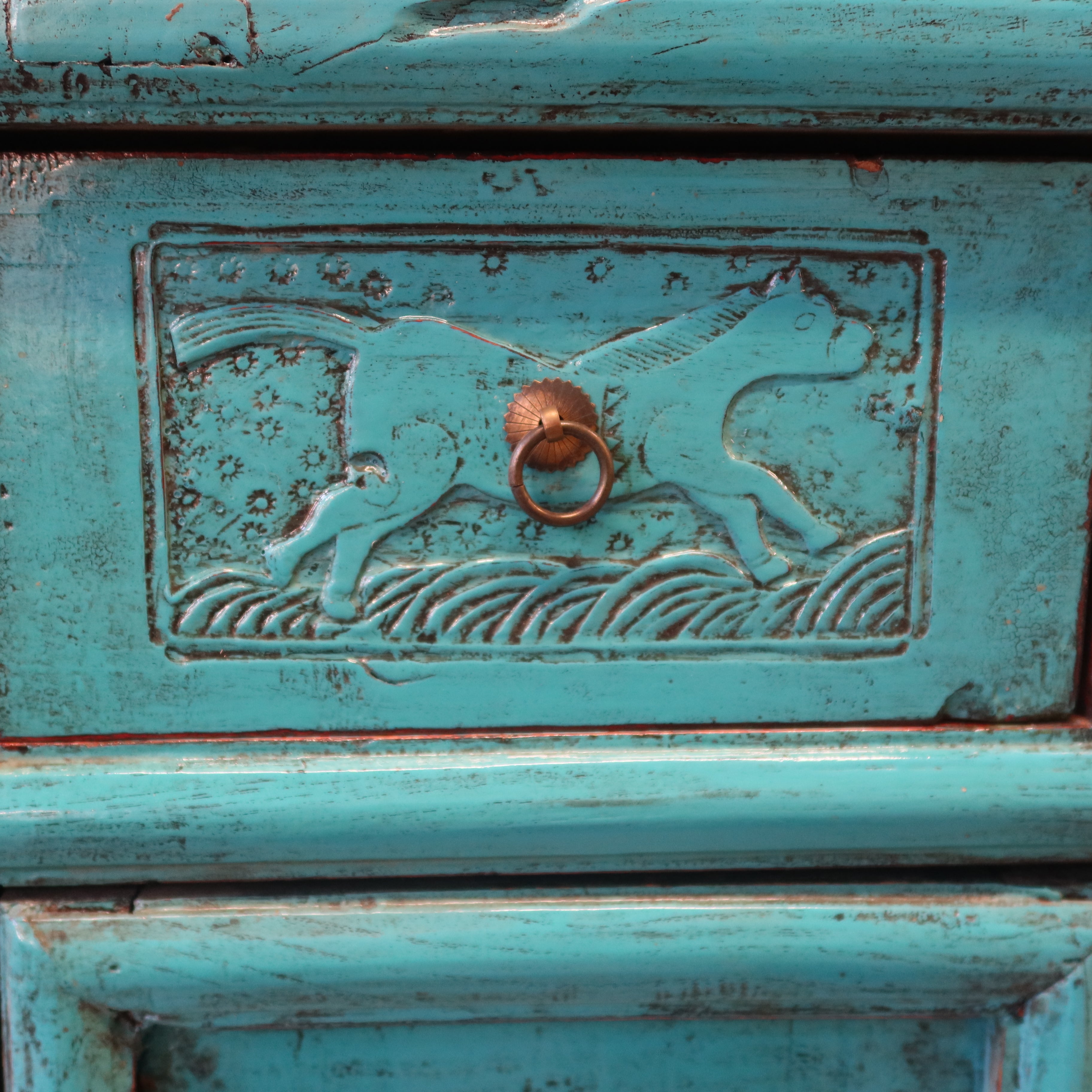 CREDENZA DELLO SHANDONG LACCA AZZURRA CON INTAGLI