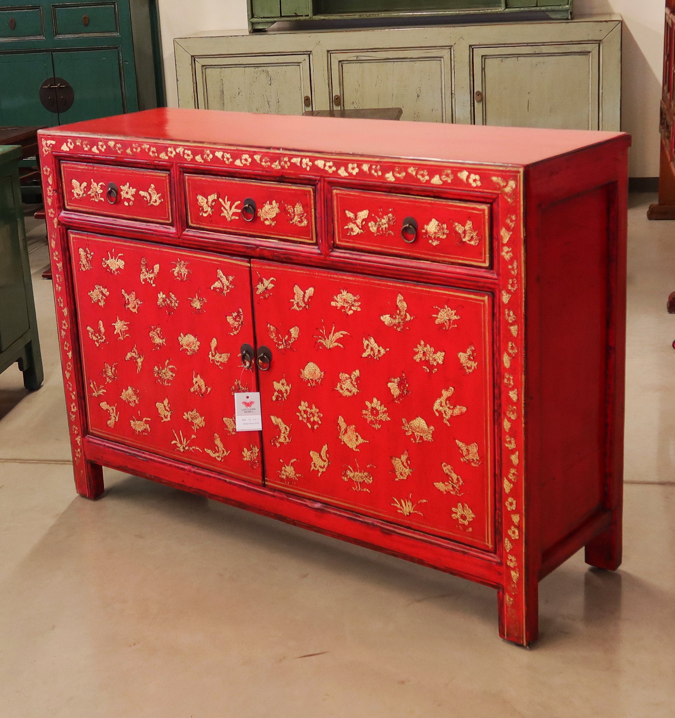 BUFFET CORTO SHANXI LACCA ROSSA ANTE E CASSETTI