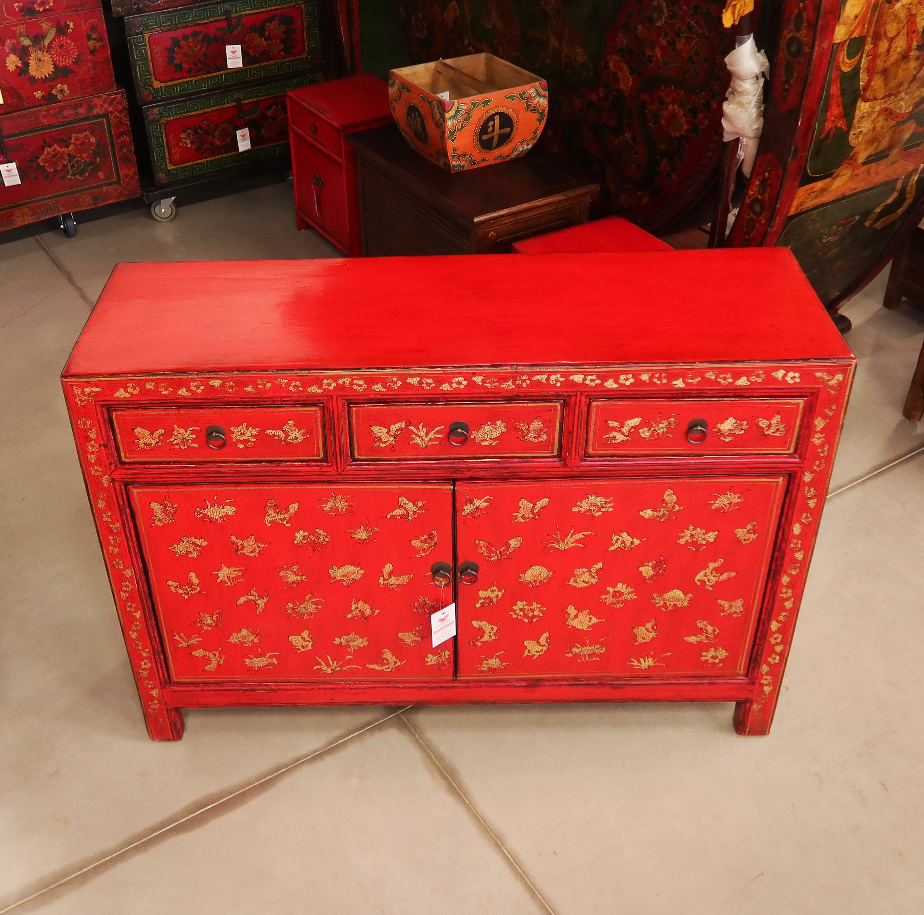 BUFFET CORTO SHANXI LACCA ROSSA ANTE E CASSETTI