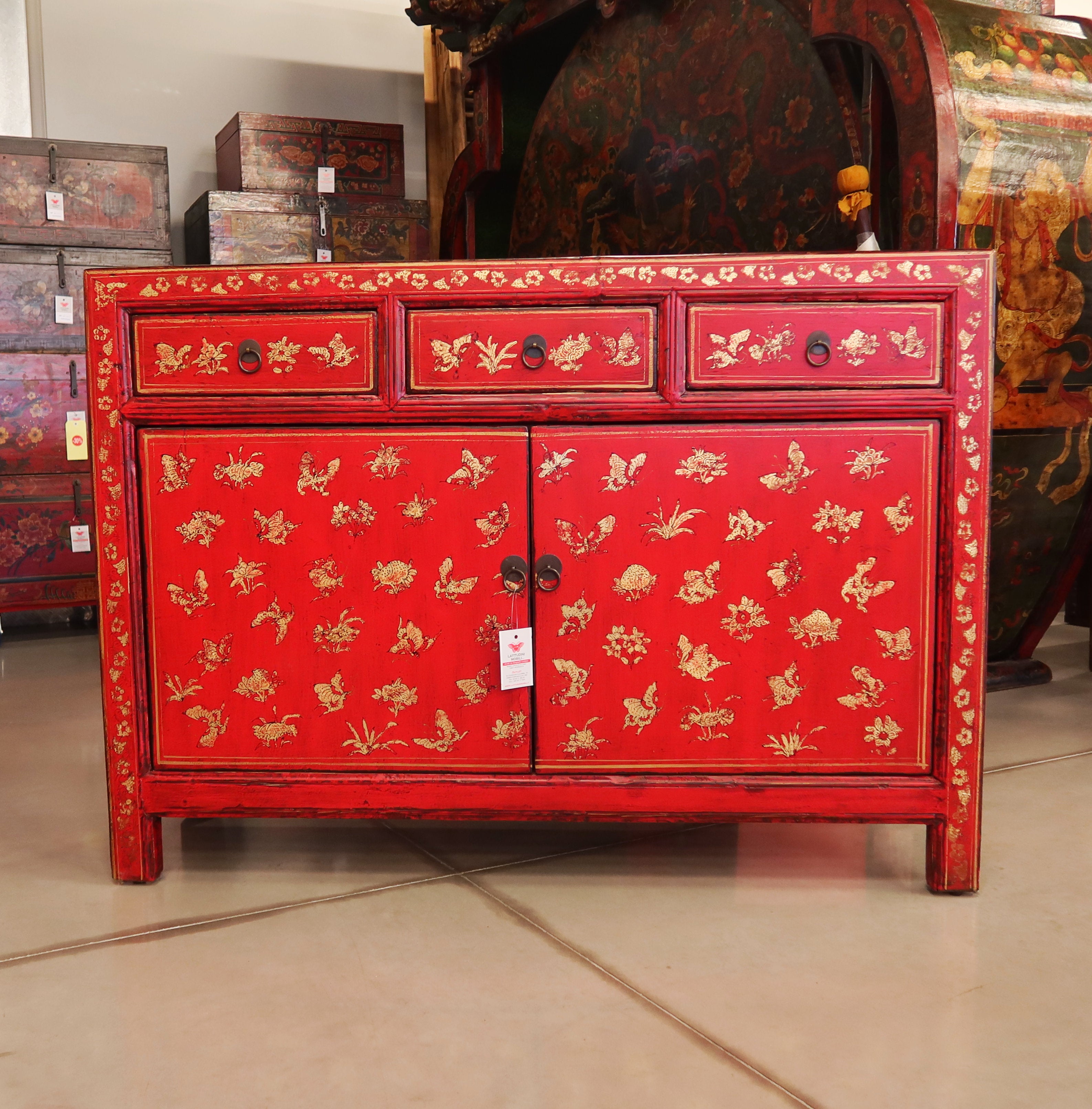 BUFFET CORTO SHANXI LACCA ROSSA ANTE E CASSETTI