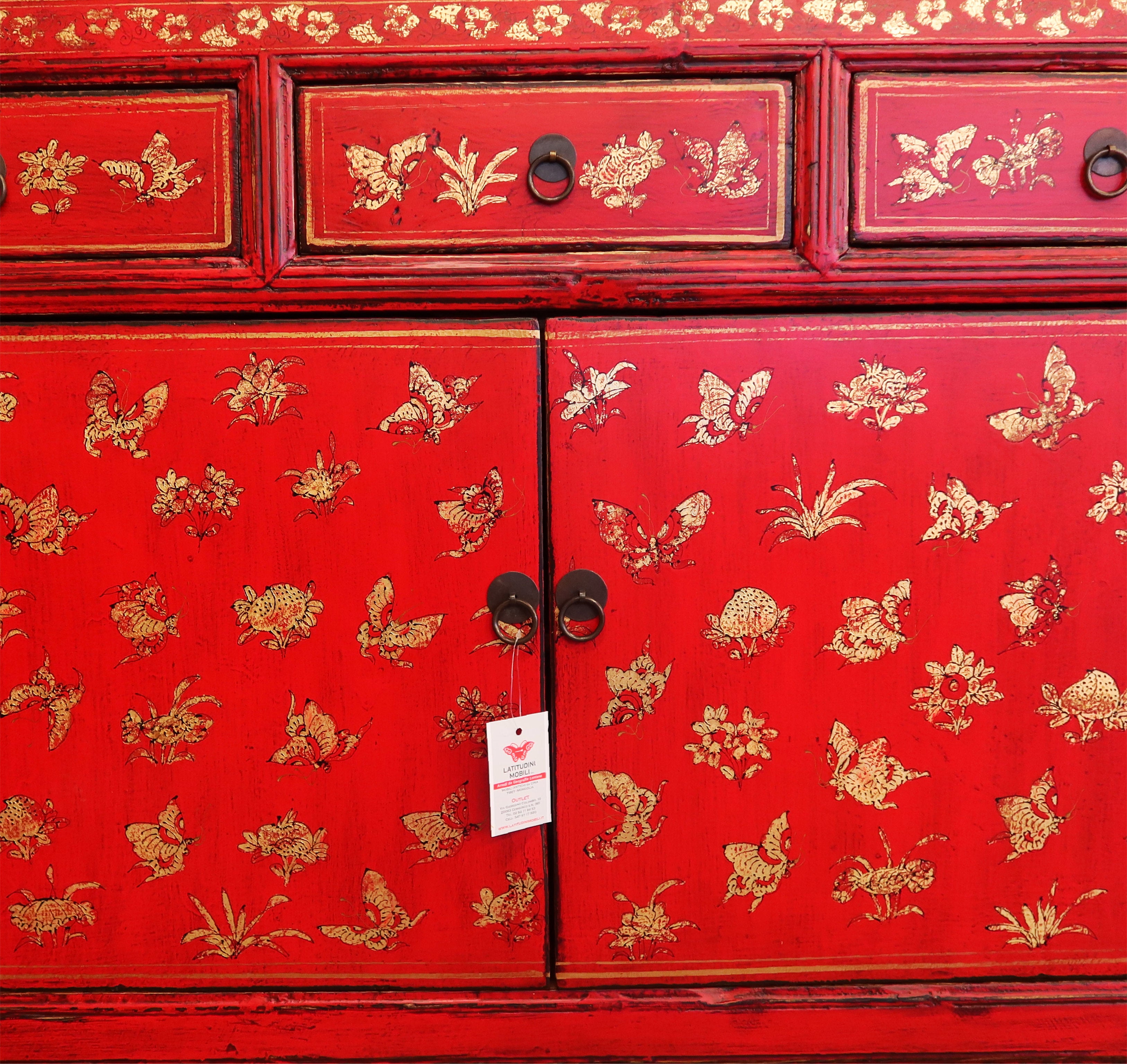 BUFFET CORTO SHANXI LACCA ROSSA ANTE E CASSETTI