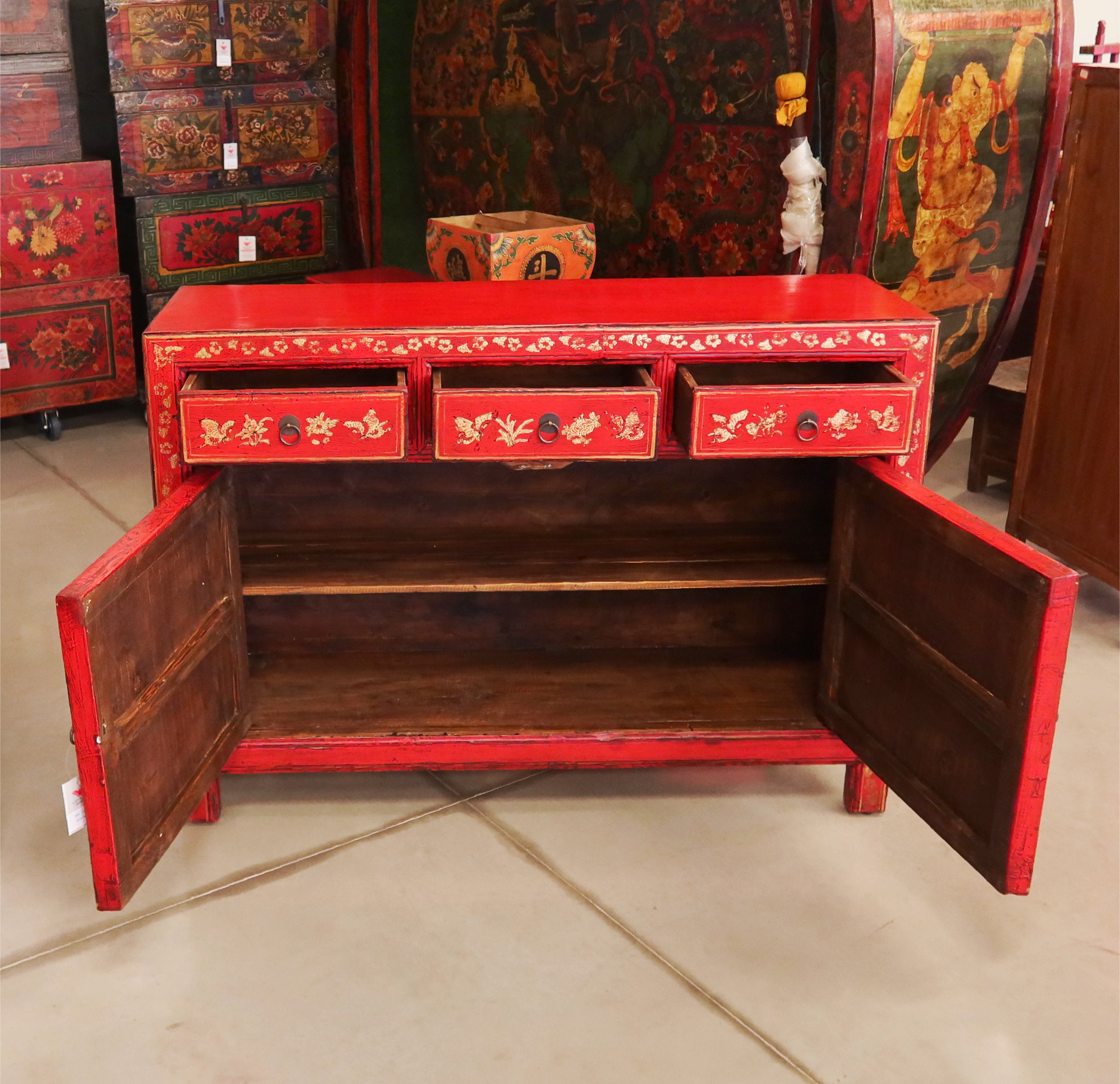 BUFFET CORTO SHANXI LACCA ROSSA ANTE E CASSETTI