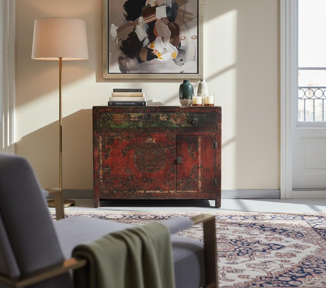 CREDENZA MONGOLIA APERTURA LATERALE FRONTE DECORATO