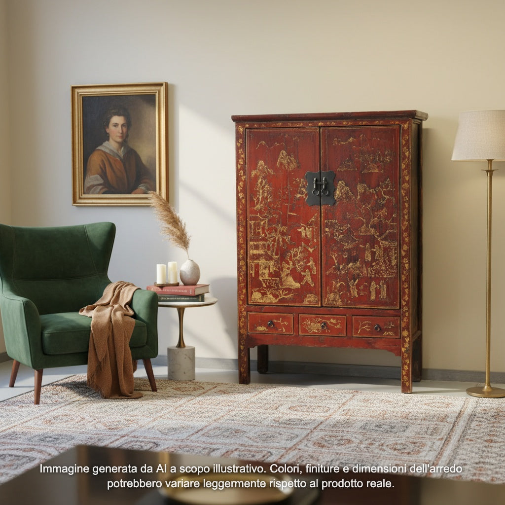ARMADIO SHANXI ROSSO CON DECORI DORATI