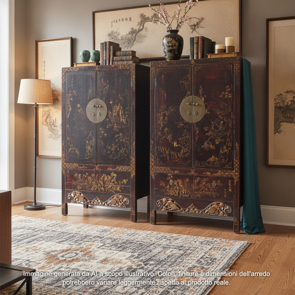COPPIA ARMADI CINESI DECORATI DELLO SHANXI