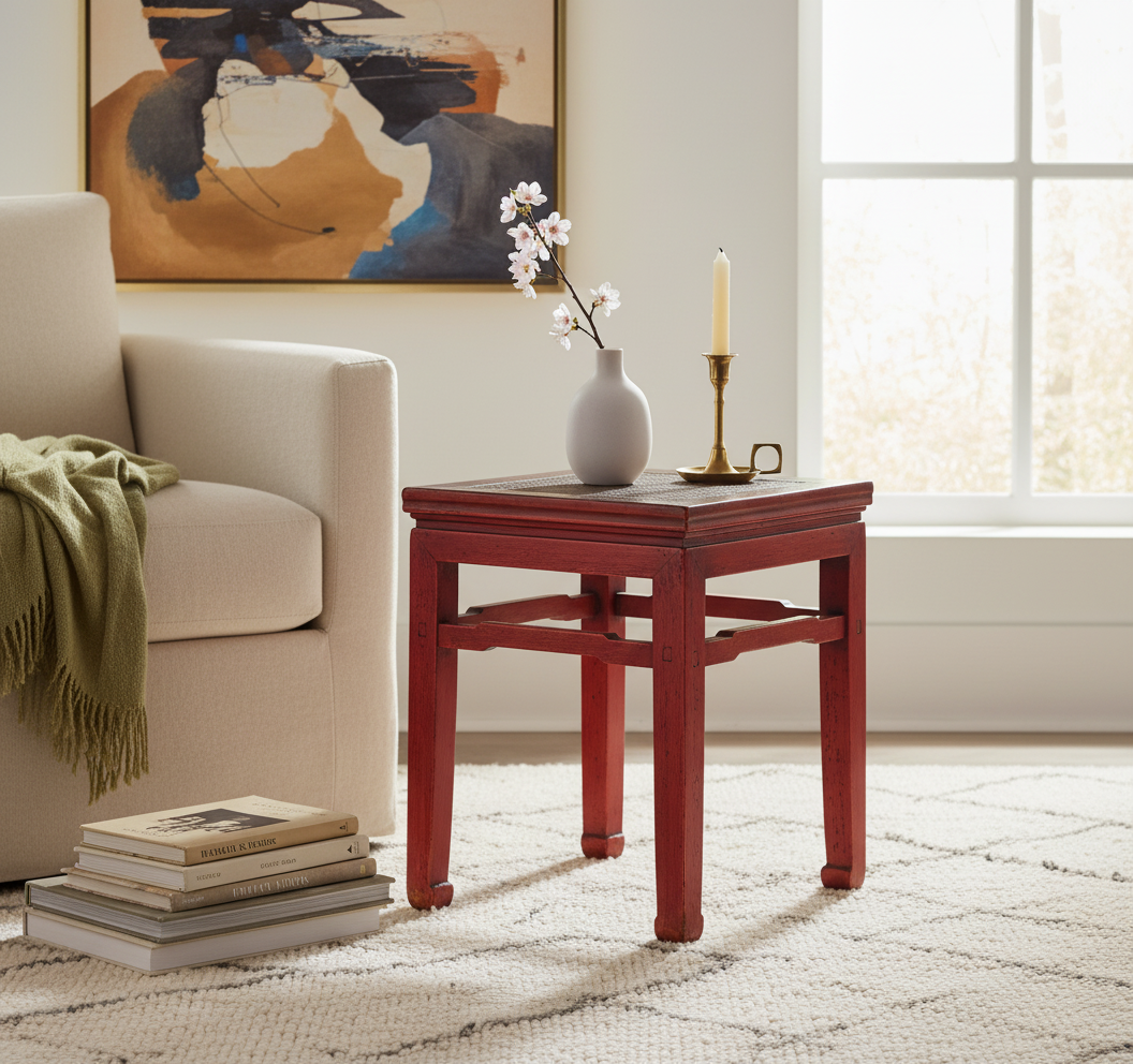 SGABELLO CINESE LACCA ROSSA PIANO RATTAN