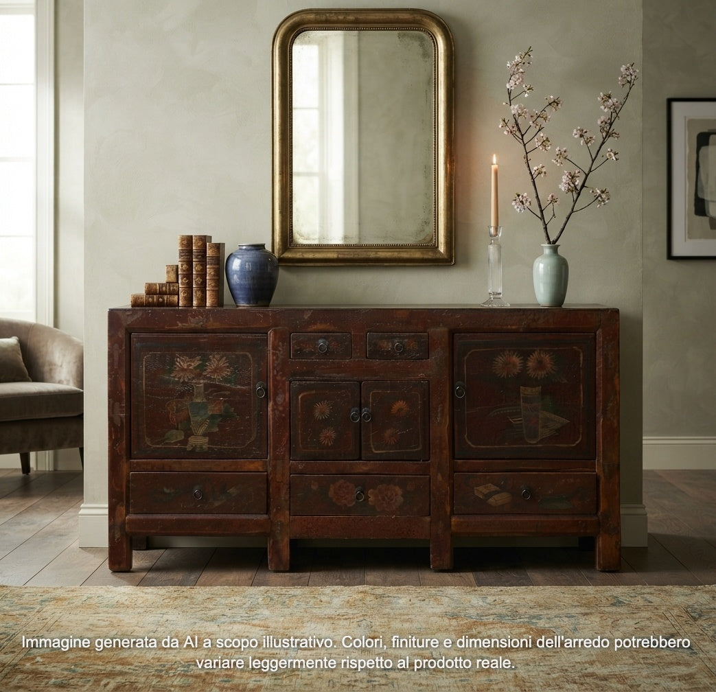 CREDENZA BASSA OLMO CINESE CON DECORI
