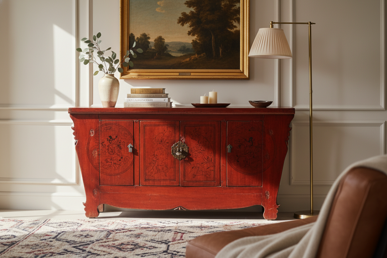 CREDENZA CINESE AD ALTARE CON DECORO LIEVE