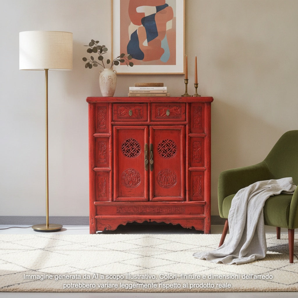 CREDENZA DELLO SHANDONG LACCA ROSSA CON INTAGLI