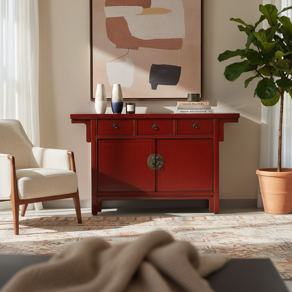 CREDENZA CINESE LACCA ROSSA TOP AGGETTANTE