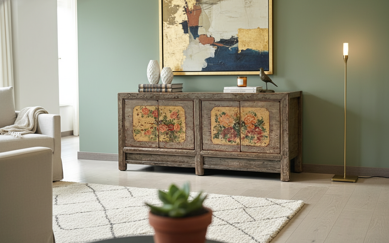 CREDENZA BASSA MONGOLIA 2 PANNELLI DECORATI