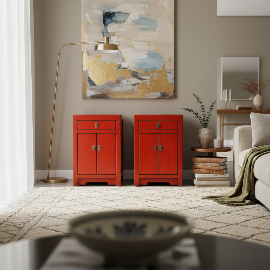 COMODINO CINESE IN LACCA ROSSA