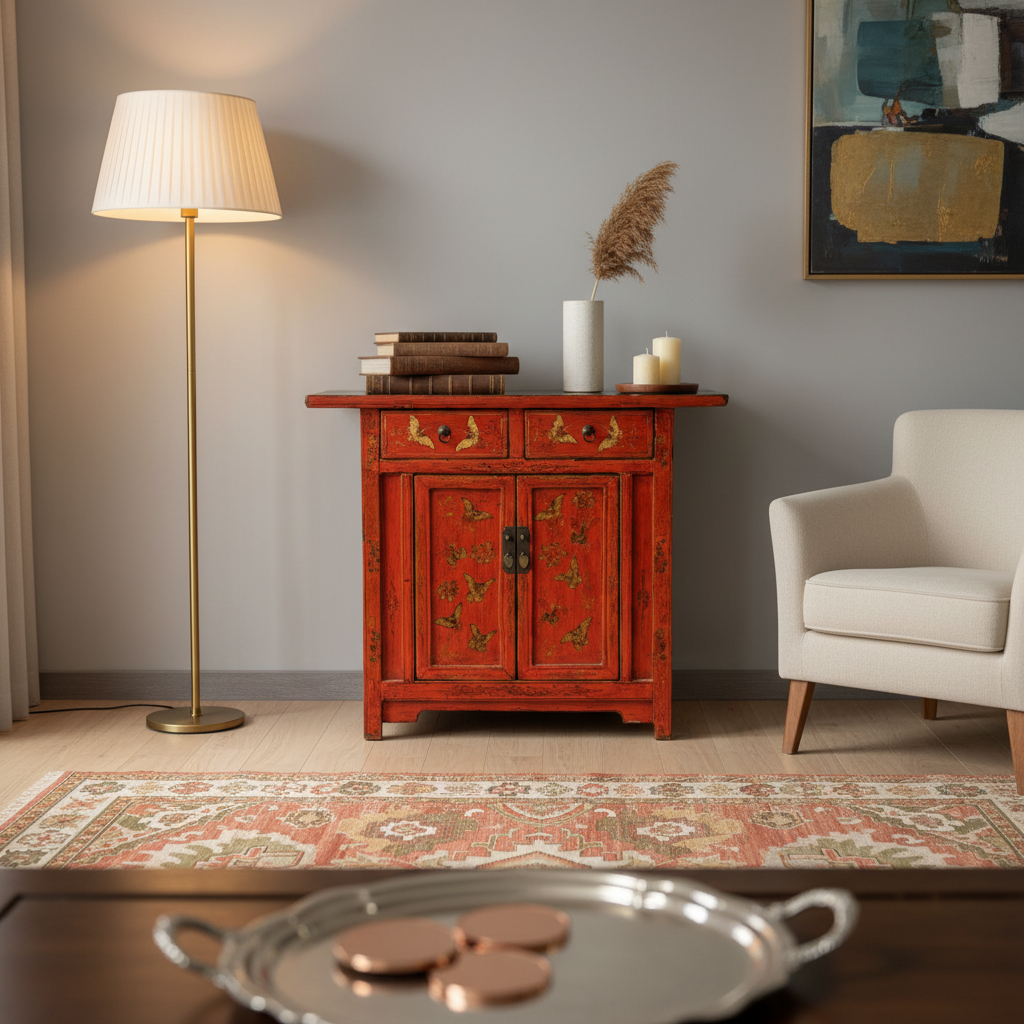 CREDENZINO CINESE DELLO SHANXI DECORATO TOP AGGETTANTE