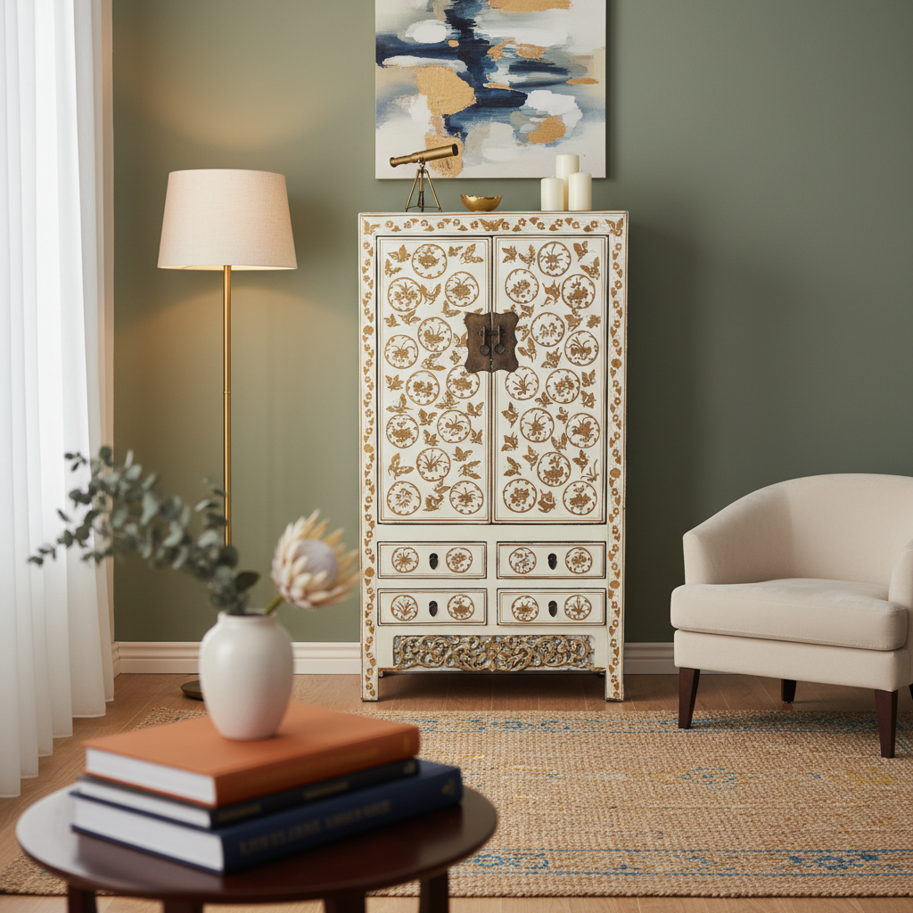 ARMADIO CINESE DELLO SHANXI LACCATO BIANCO DEC.