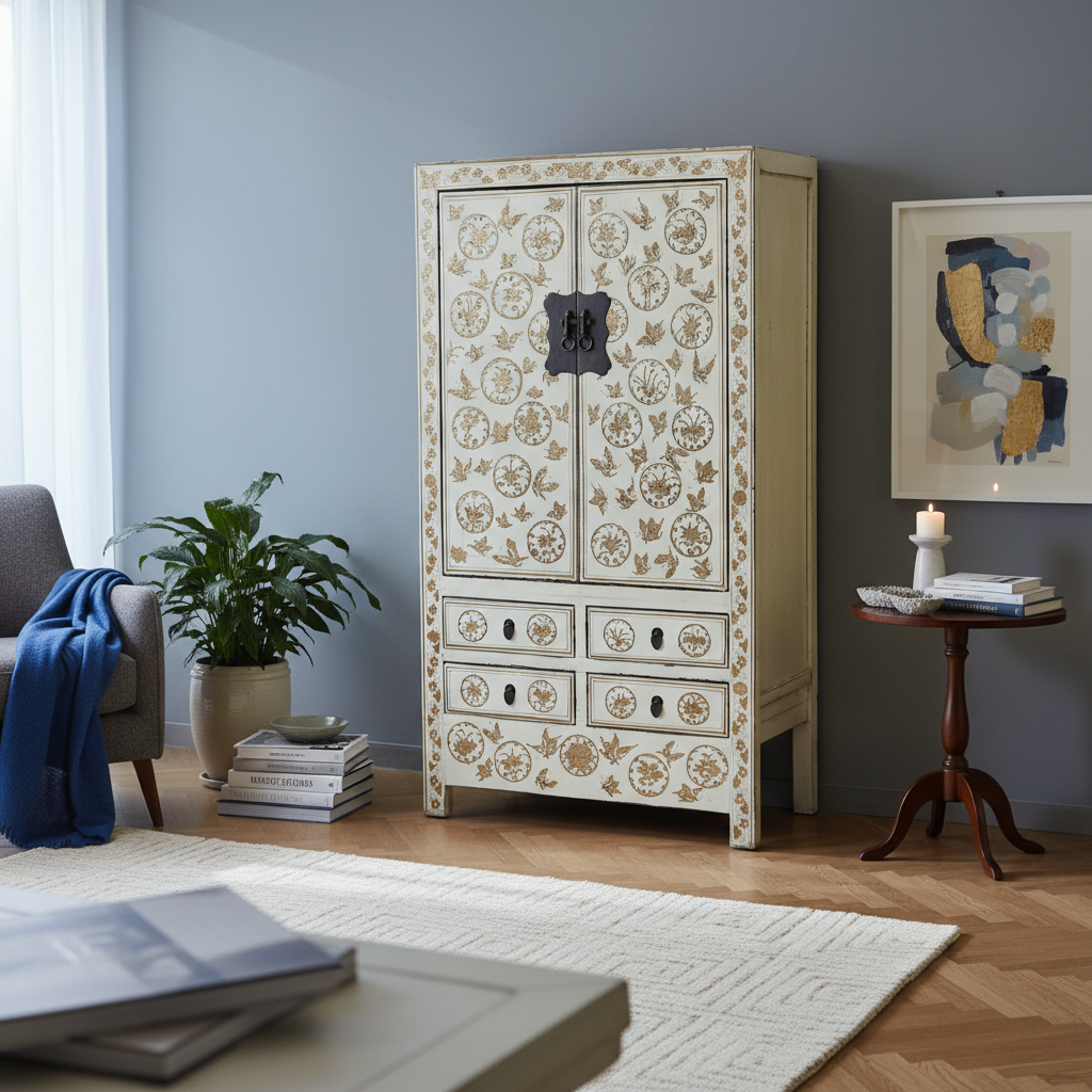 ARMADIO CINESE DELLO SHANXI LACCATO BIANCO DEC.