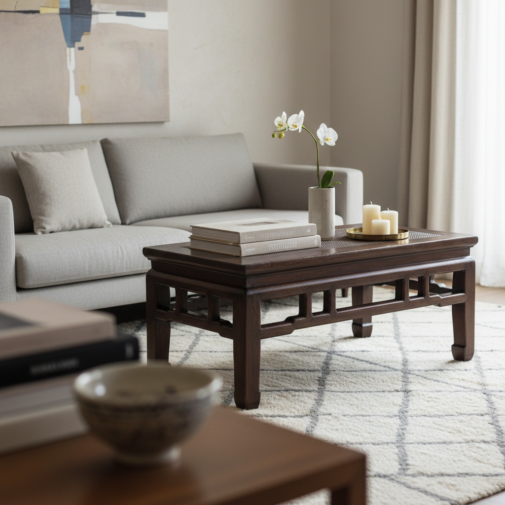 TAVOLINO OLMO CINESE PIANO RATTAN