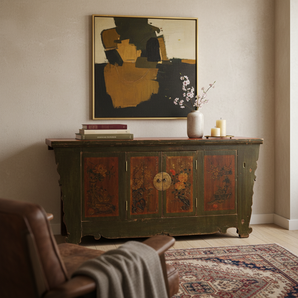 CREDENZA CINESE AD ALTARE CON DECORO LIEVE