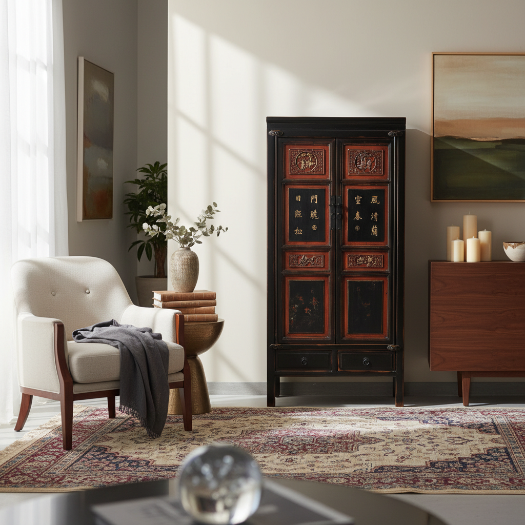 ARMADIO CINESE DEL FUJIAN DECORO RILIEVO A SBALZO