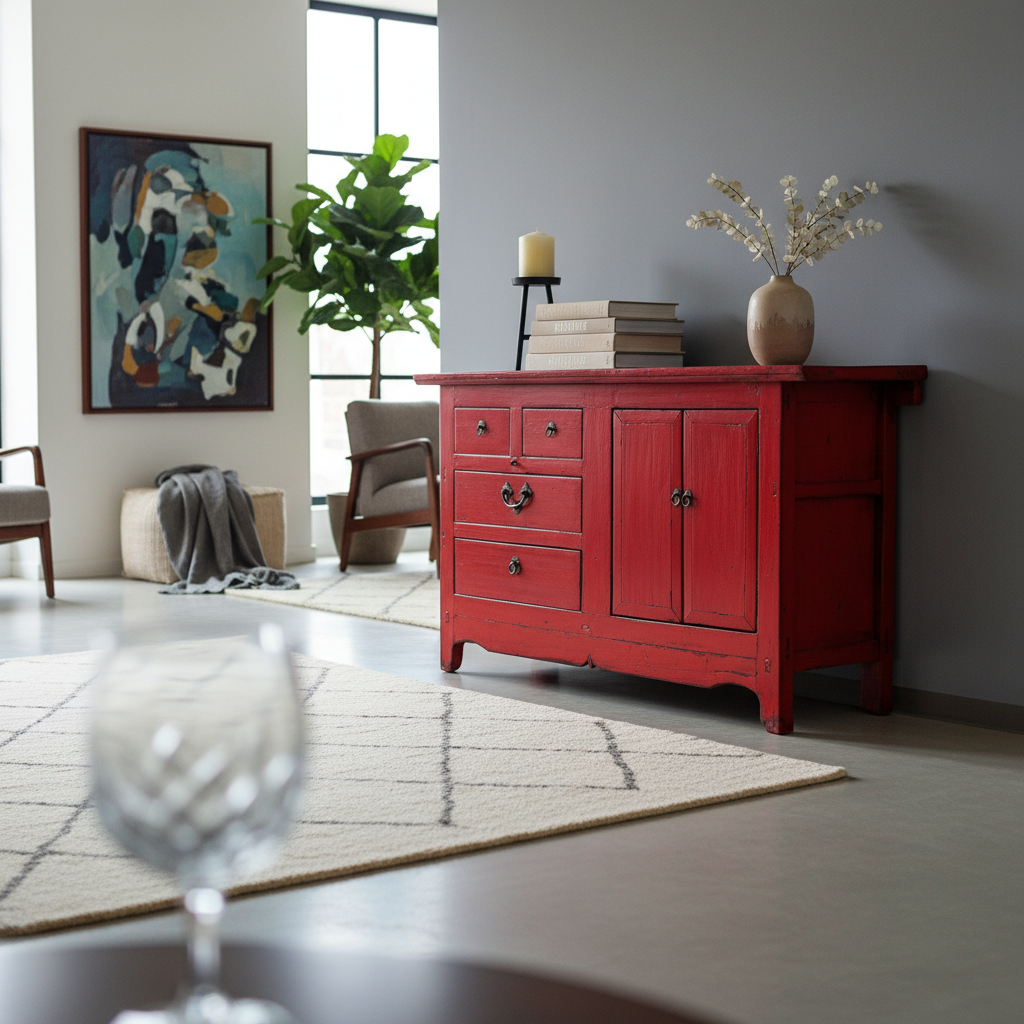 CREDENZA ASIMMETRICA LACCA ROSSA TOP AGGETTANTE