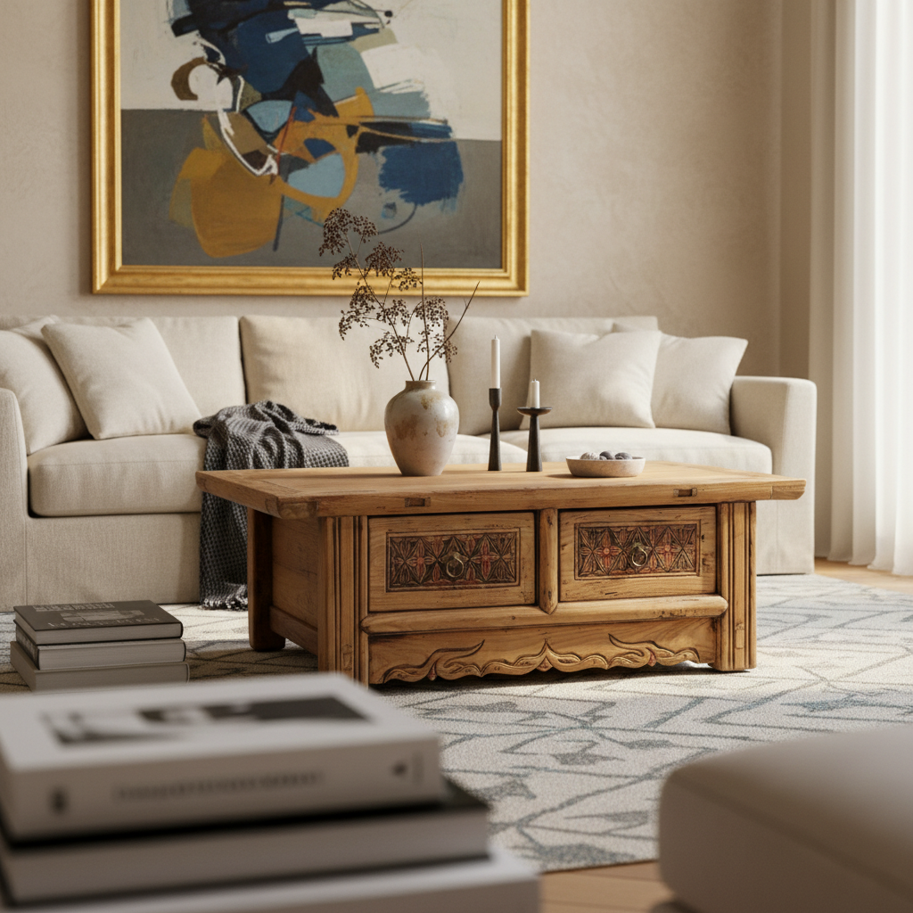 TAVOLINO CINESE OLMO BIONDO CASSETTI INTAGLIATI