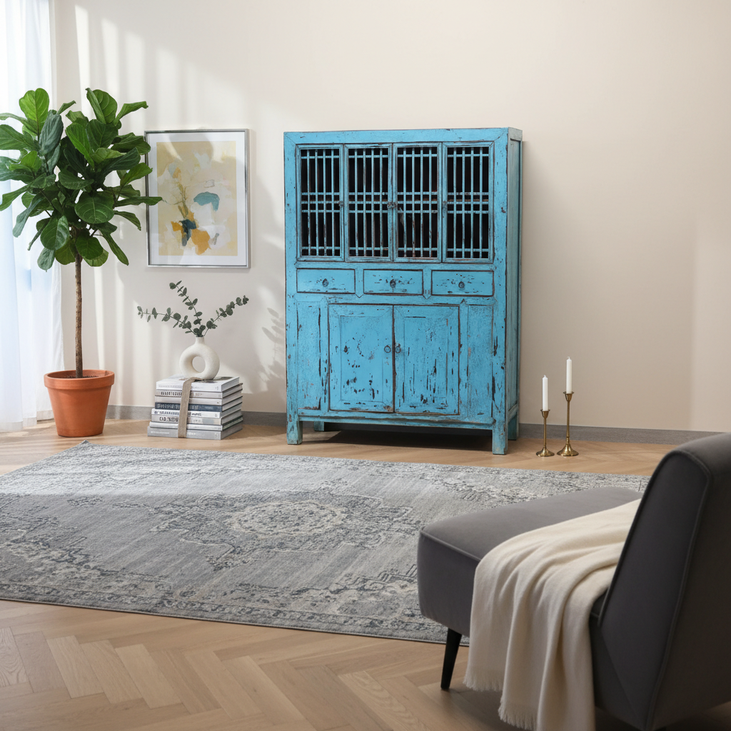 CREDENZA CINESE LACCA AZZURRA CON ANTE A GRATA