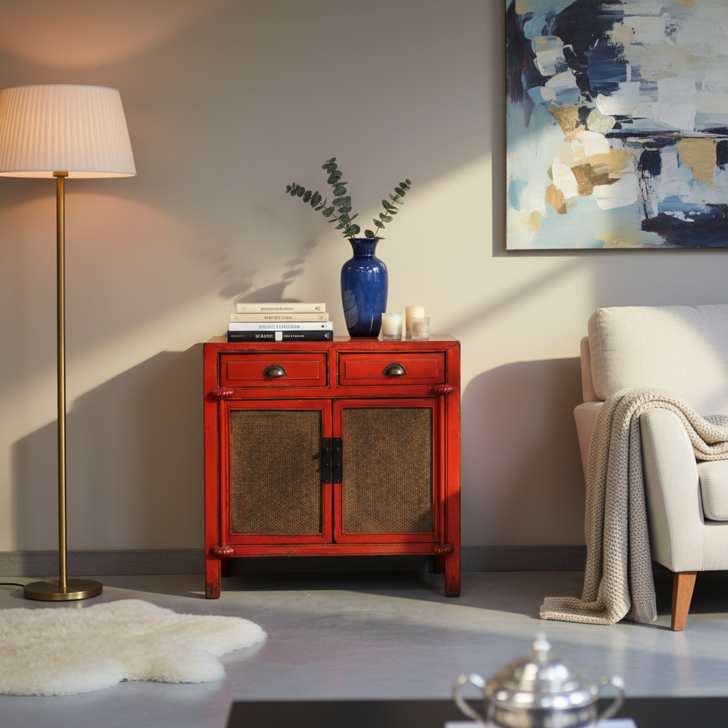 CREDENZINO LACCA ROSSA CON ANTE IN RATTAN