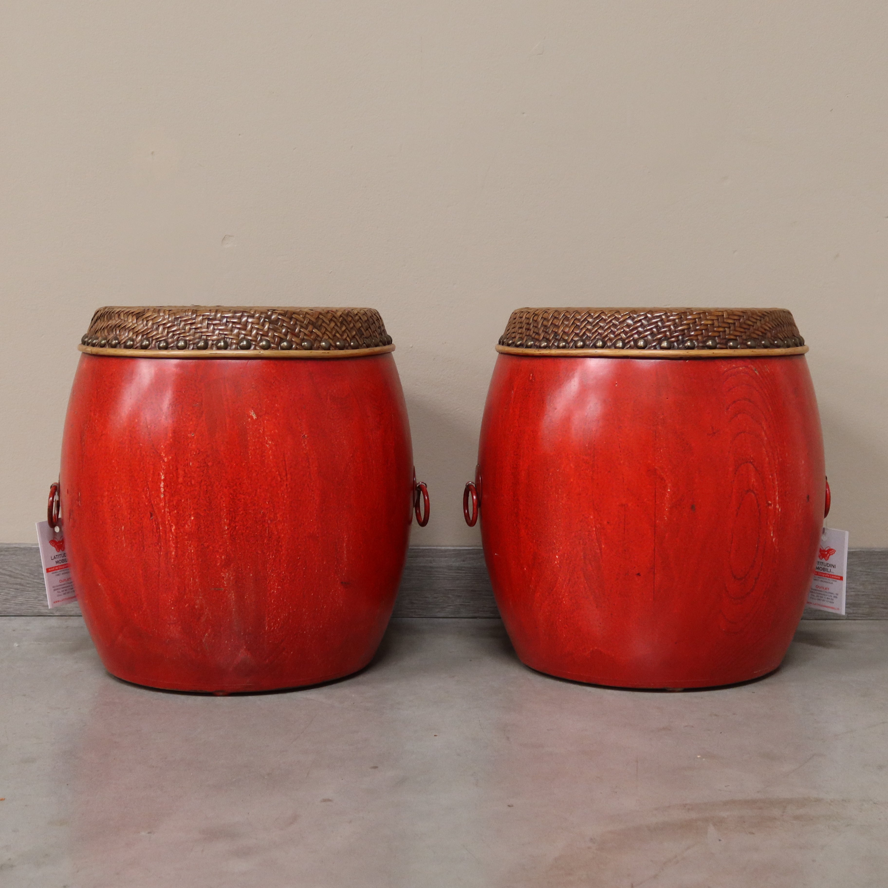 SGABELLO A BOTTE LACCA ROSSA PIANO RATTAN