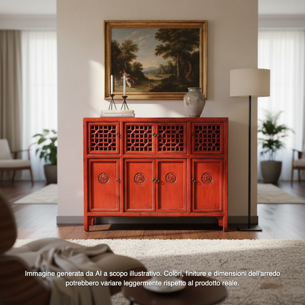CREDENZA CINESE LACCA ROSSA CON ANTE A GRATA