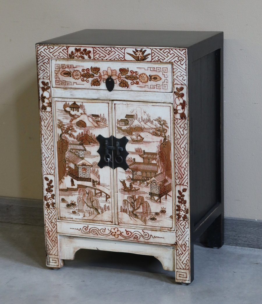 CREDENZINE, STIPI - COMODINO CINESE DELLO SHANXI BIANCO DECORATO - CS-08076