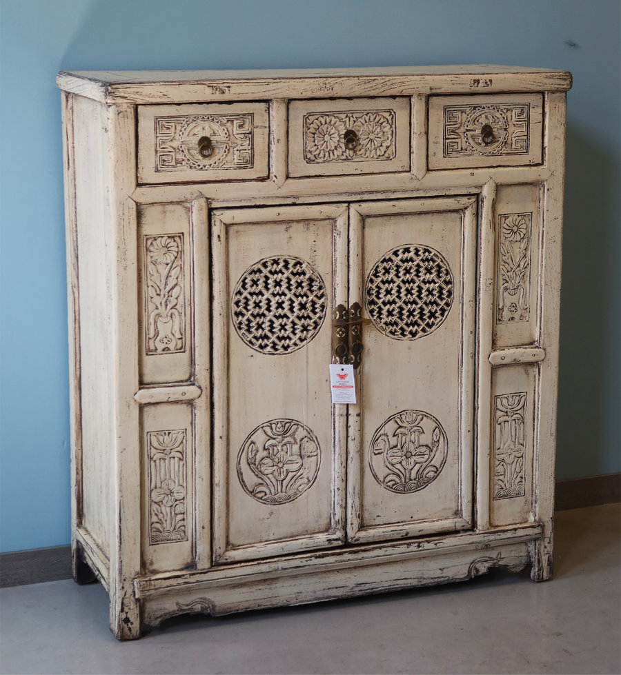CREDENZE, MADIE - CREDENZA DELLO SHANDONG BIANCA CON INTAGLI  - CM-08939