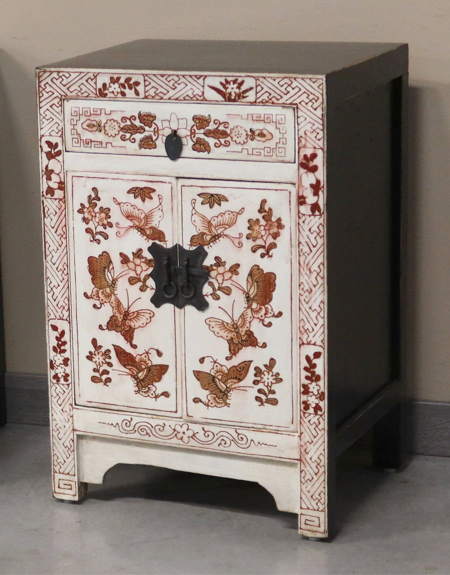 CREDENZINE, STIPI - COMODINO SHANXI LACCA BIANCA DECORATA - CS-08980