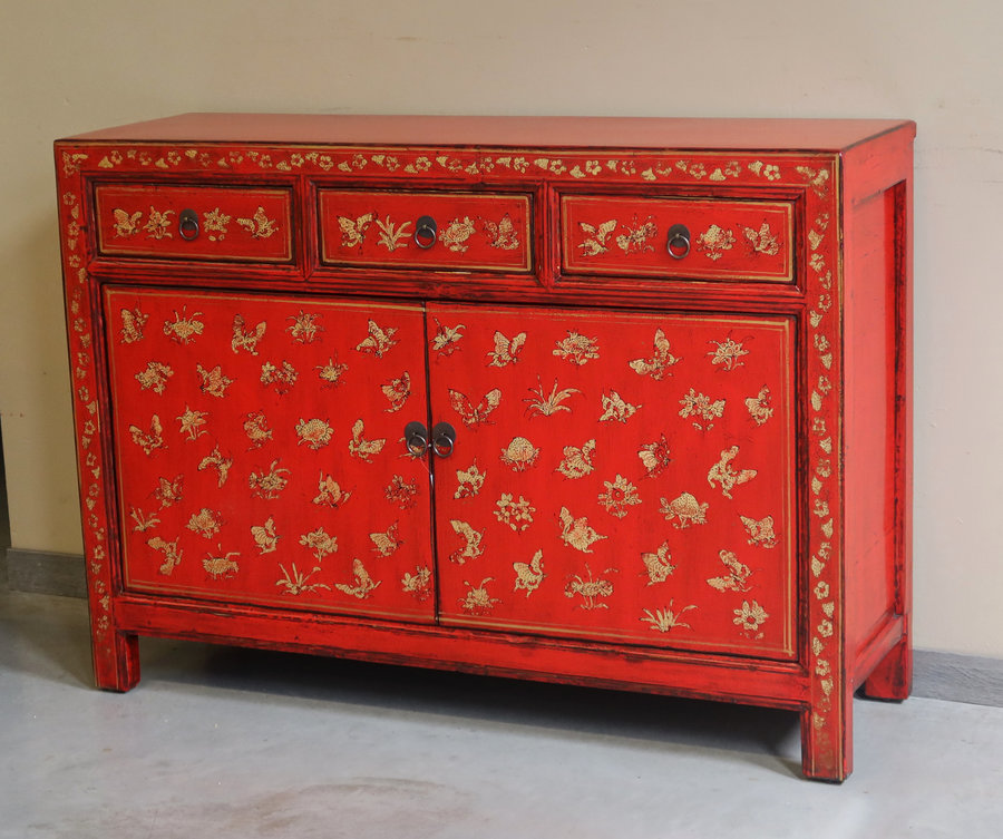 CREDENZE, MADIE - BUFFET CORTO SHANXI LACCA ROSSA ANTE E CASSETTI - CM-10374