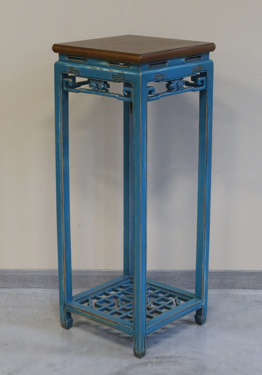 TAVOLI, CONSOLLES, SCRITTOI - ALTO TAVOLINO CINESE QUADRO LACCA AZZURRA PIANO OLMO - TC-11624